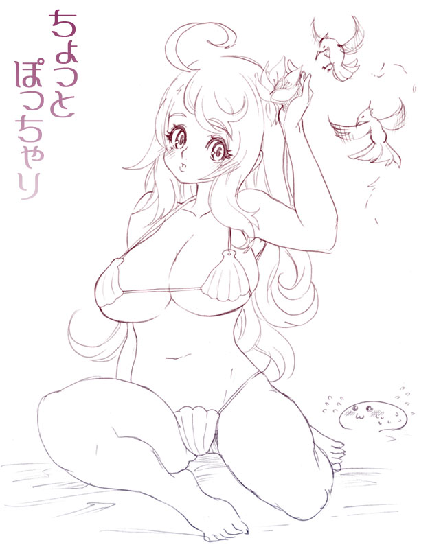 tsuutenkaaku, barefoot, bikini, bird, breasts, greyscale, kneeling, large breasts, long hair, monochrome, outline, shell, shell bikini, solo, swimsuit