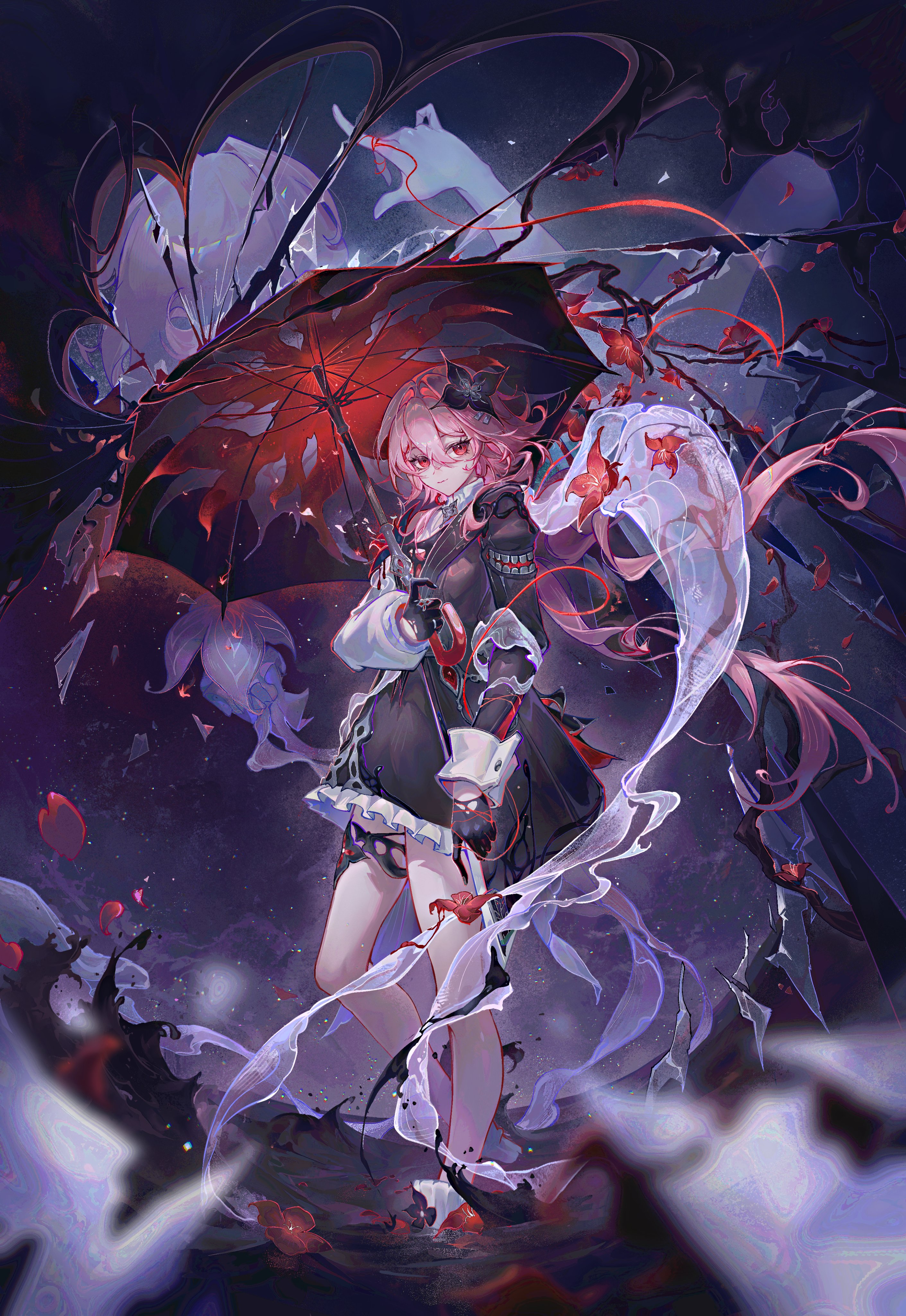 furioso, evernight (honkai: star rail), march 7th (honkai: star rail), honkai: star rail, honkai (series), absurdres, highres, 1girl, asymmetrical sleeves, black dress, black flower, black gloves, crack, dress, flower, frills, gloves, hair between eyes, hair flower, hair ornament, hairclip, holding, holding umbrella, long hair, mismatched sleeves, official alternate eye color, parallel hairclips, petals, pink hair, red eyes, red flower, star (sky), thigh strap, thread, umbrella, very long hair