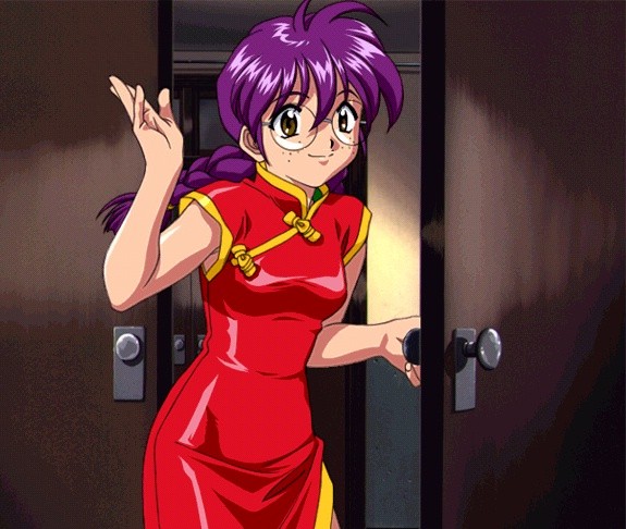 ri kouran, sakura taisen, non-web source, 00s, 1girl, braid, brown eyes, china dress, chinese clothes, door, dress, female focus, freckles, glasses, purple hair, round eyewear, solo, twin braids