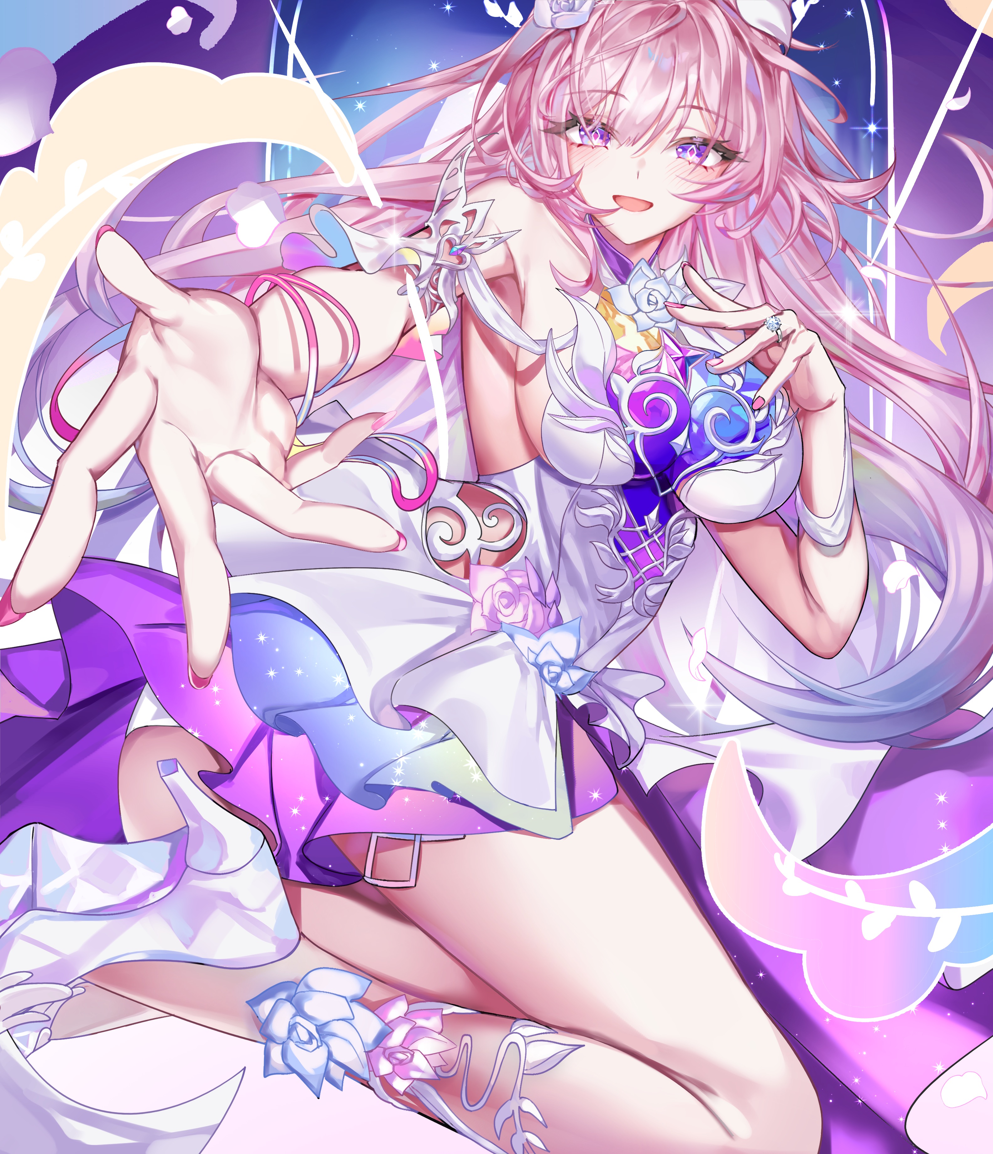 samenami0711, cyrene (honkai: star rail), cyrene (ripples of past reverie) (honkai: star rail), honkai: star rail, honkai (series), absurdres, commentary request, highres, 1girl, armlet, bare shoulders, breasts, diamond-shaped pupils, diamond (shape), dress, fingernails, hand up, high heels, jewelry, large breasts, long hair, looking at viewer, nail polish, offering hand, open mouth, outstretched arm, pink hair, pink nails, purple eyes, smile, solo, symbol-shaped pupils, white dress