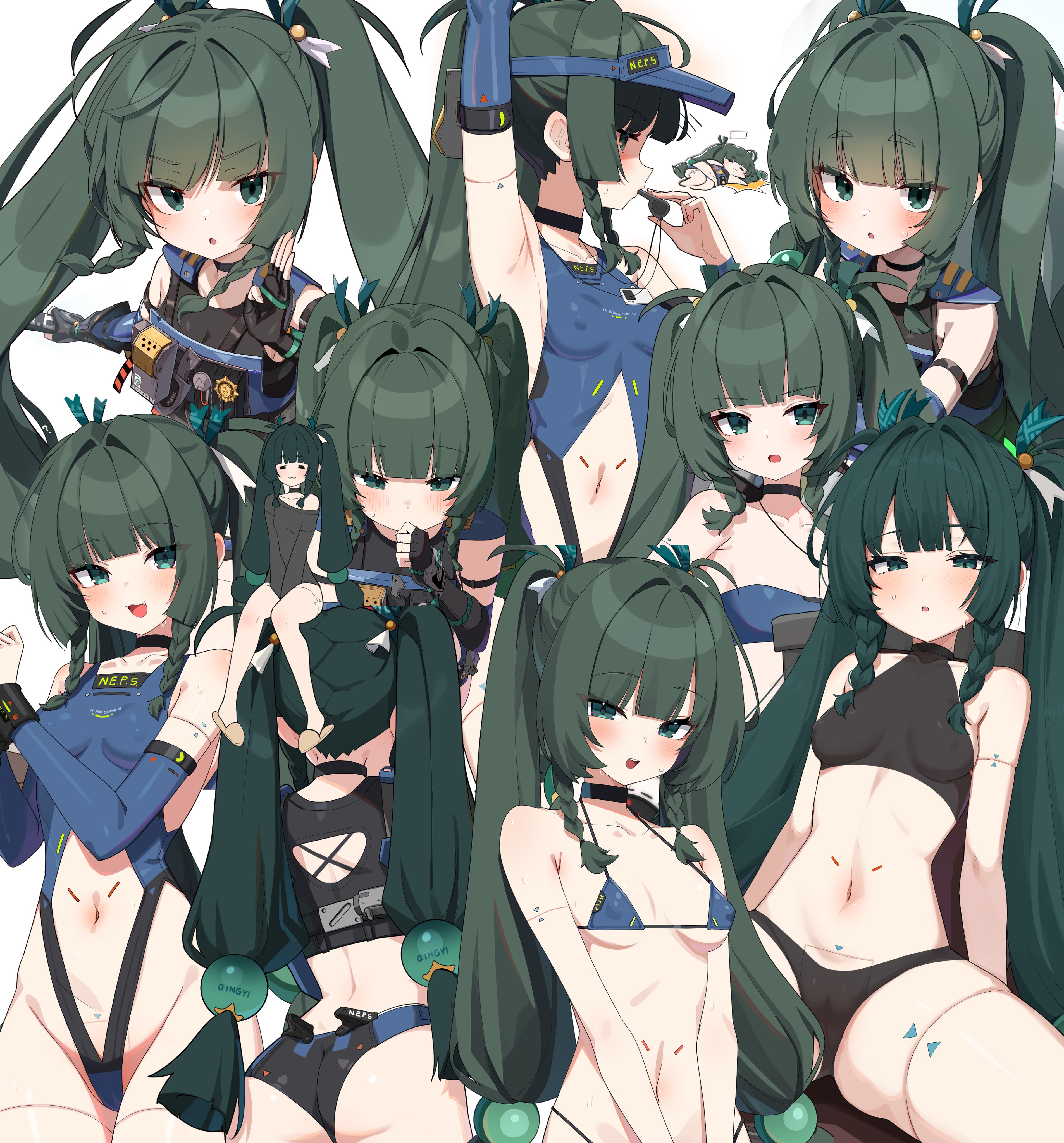 w.k, qingyi (zenless zone zero), zenless zone zero, absurdres, highres, 1girl, :3, = =, android, arm up, armpits, ass, back, bikini, black bra, black choker, black gloves, black panties, black sports bra, blowing whistle, blue bikini, blue one-piece swimsuit, blue sleeves, blunt bangs, blush, body markings, bra, braid, braided sidelocks, breasts, cameltoe, choker, cleavage, clothing cutout, covered erect nipples, crop top, detached sleeves, fingerless gloves, gloves, green eyes, green hair, hair ornament, hair ribbon, holding, holding whistle, long hair, looking at viewer, midriff, navel, navel cutout, one-piece swimsuit, open mouth, panties, police, police badge, police uniform, policewoman, ribbon, side braids, sidelocks, sitting, small breasts, smile, solo, sphere hair ornament, sports bra, spread legs, sweat, swimsuit, twintails, underwear, visor cap, whistle