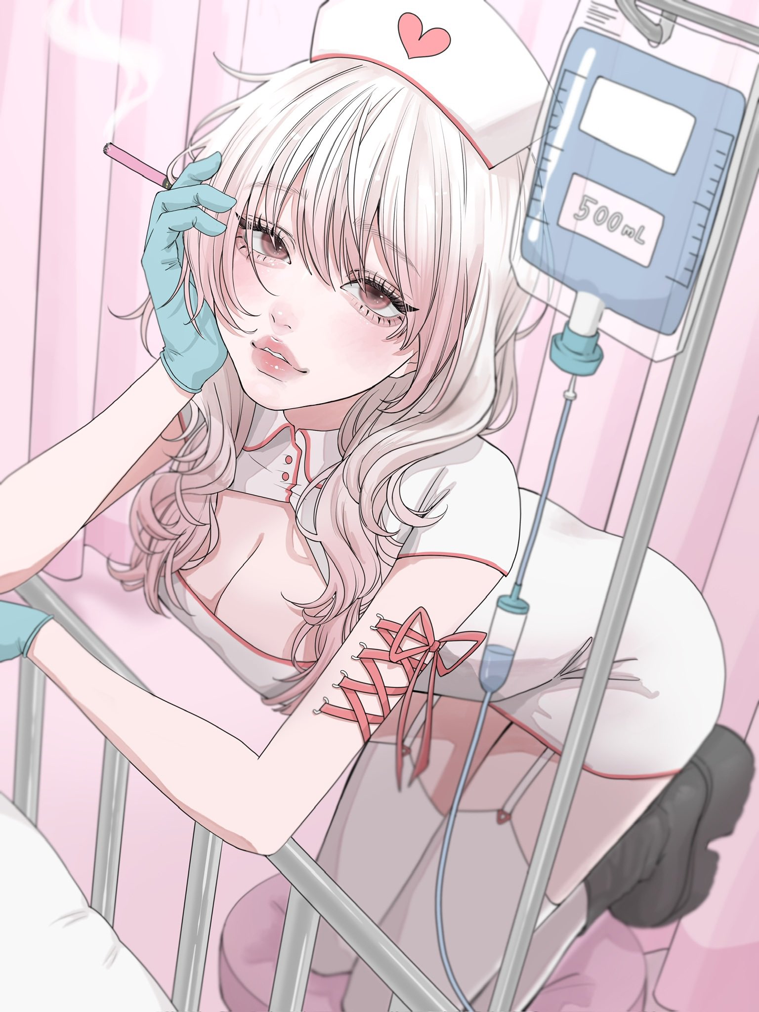 tamori (tamori www), original, highres, 1girl, aegyo sal, aqua gloves, arm piercing, bed, black boots, blurry, boots, breasts, chair, cigarette, cleavage cutout, clothing cutout, collared dress, colored tips, corset piercing, curtains, depth of field, dress, eyelashes, from above, full body, garter belt, gloves, gradient hair, hat, head rest, hospital bed, indoors, iv stand, kneeling, light blush, long hair, looking at viewer, medium breasts, multicolored hair, nurse, nurse cap, on chair, parted lips, pink hair, platform boots, red trim, round collar, short dress, short sleeves, smoke, thick lips, thighhighs, two-tone hair, wavy hair, white dress, white garter belt, white hair, white thighhighs