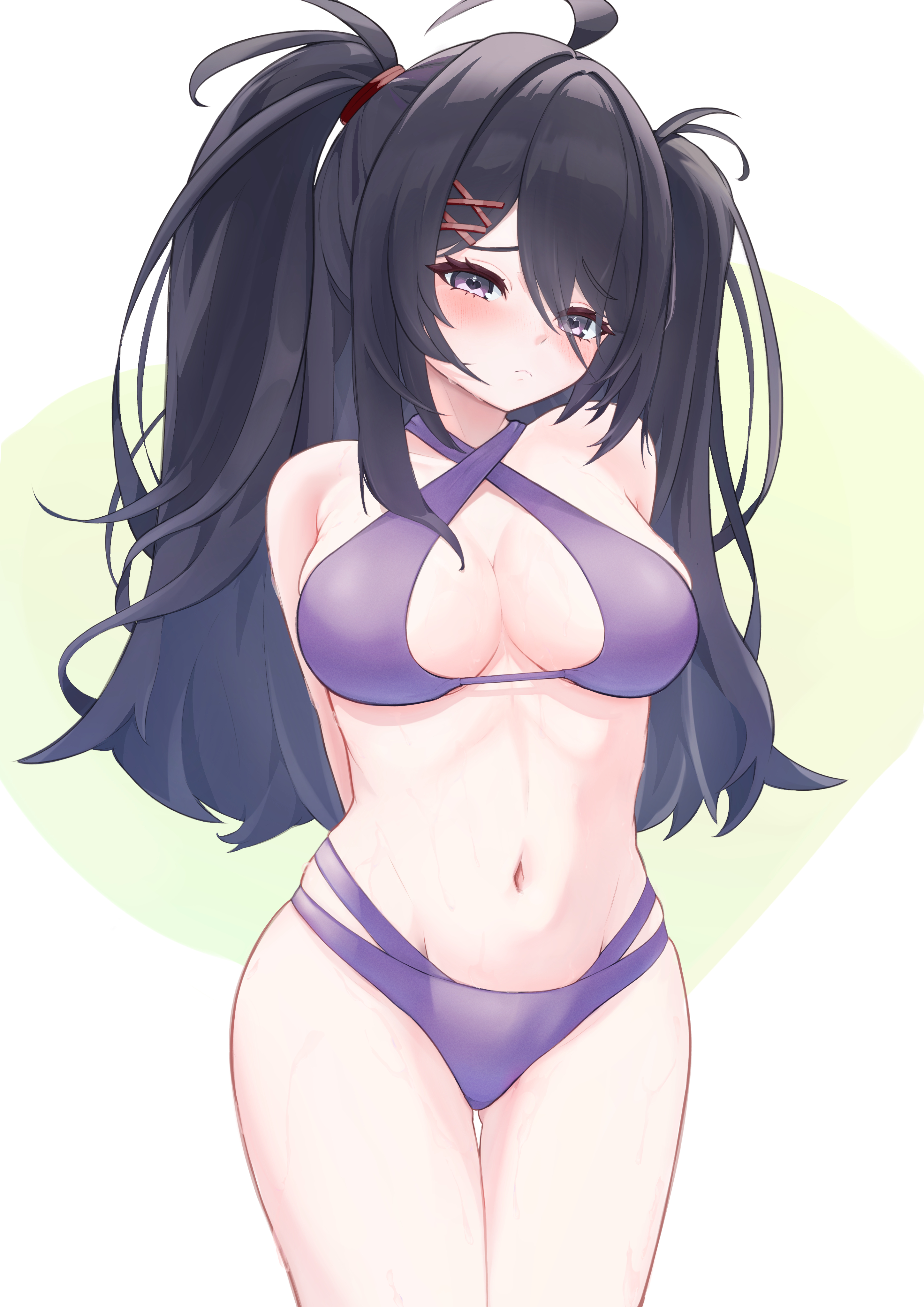 enomura aoumi, z11 (azur lane), azur lane, absurdres, commentary request, commission, highres, pixiv commission, 1girl, alternate breast size (smaller), arms behind back, bikini, black hair, blush, breasts, cleavage, embarrassed, frown, gradient hair, groin, hair ornament, hair over one eye, hairclip, heart, heart-shaped pupils, hip focus, long hair, looking at viewer, medium breasts, messy hair, multi-strapped bikini bottom, multicolored hair, navel, nervous, purple bikini, purple eyes, purple hair, solo, stomach, swimsuit, symbol-shaped pupils, thigh gap, thighs, twintails, very long hair, x hair ornament