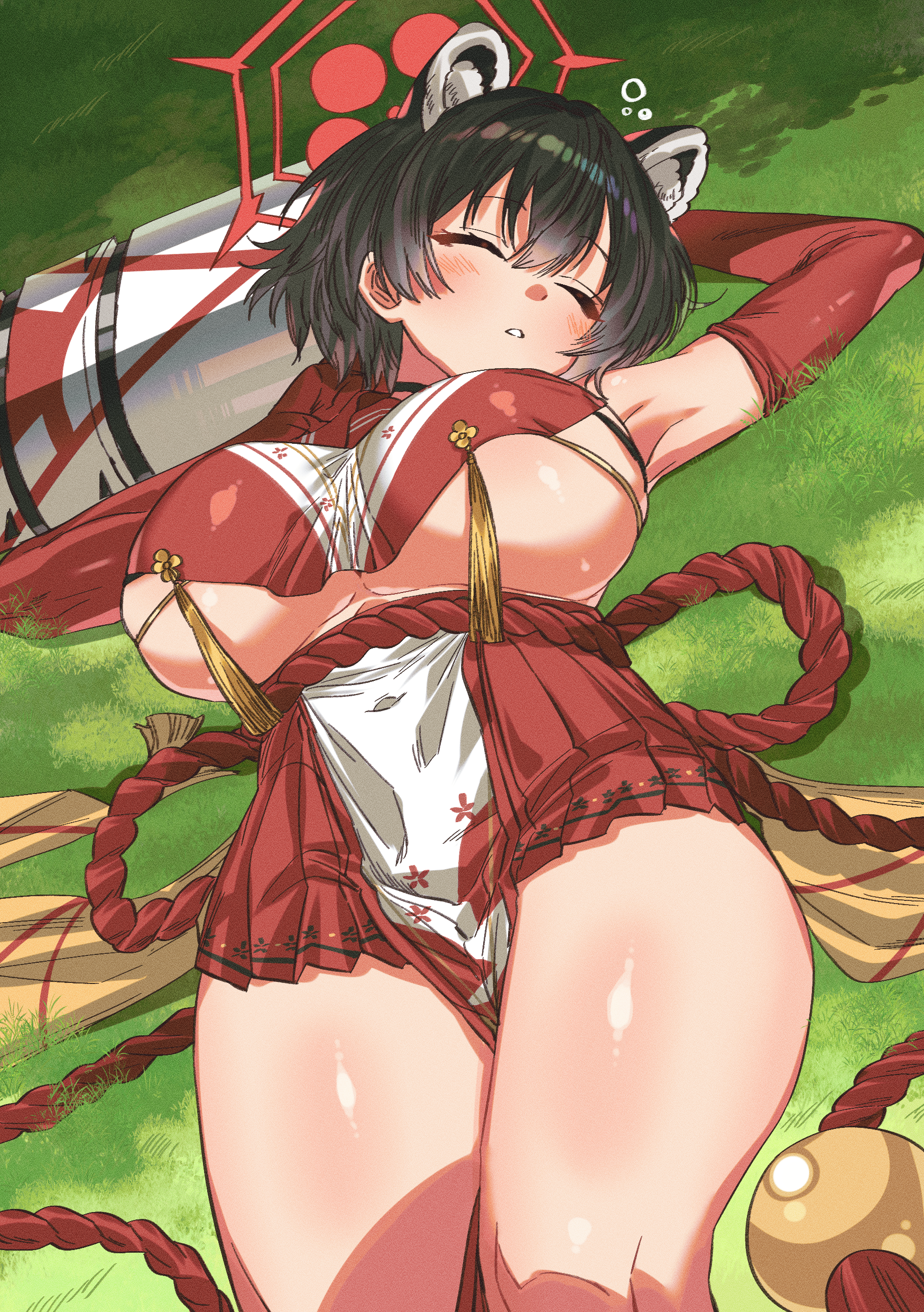 tsubaki (blue archive), blue archive, absurdres, highres, 1girl, animal ears, arm up, armpits, black hair, breast curtain, breasts, closed eyes, clothing cutout, extra ears, gloves, halo, japanese clothes, large breasts, lying, namaniku (user nxxf7457), on back, raccoon ears, raccoon girl, red gloves, red halo, red sailor collar, revealing clothes, rope, rope belt, sailor collar, shimenawa, short hair, side cutout, sideless outfit, thighs, underboob