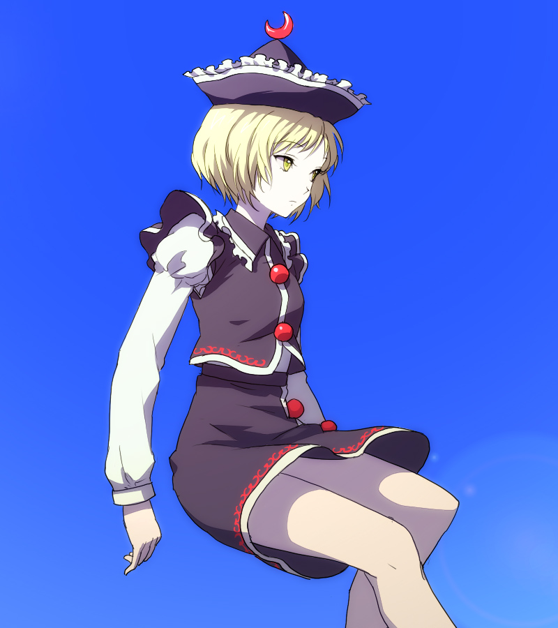 egawa satsuki, lunasa prismriver, touhou, 1girl, blonde hair, female focus, gradient background, hat, short hair, solo, yellow eyes