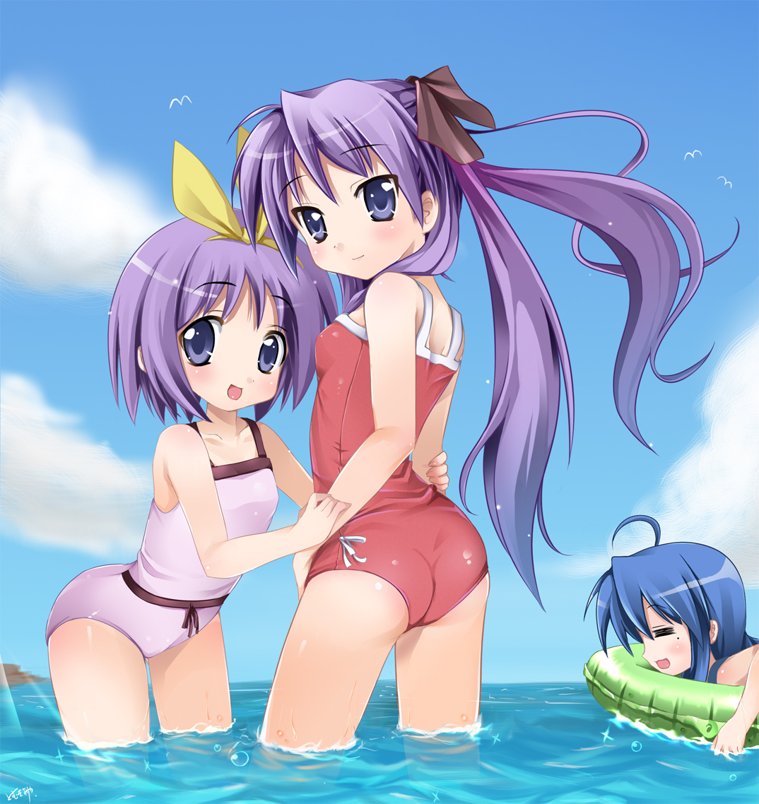 tomusooya, hiiragi kagami, hiiragi tsukasa, izumi konata, lucky star, 00s, ass, blue eyes, blue hair, hair ribbon, innertube, long hair, purple hair, ribbon, short hair, swim ring, swimsuit, twintails, water