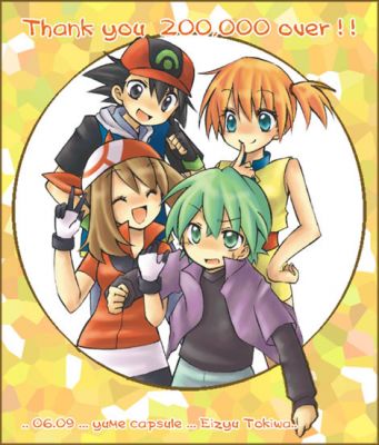 eizyu tokiwa, ash ketchum, drew (pokemon), may (pokemon), misty (pokemon), nintendo, pokemon, pokemon (anime), pokemon rse (anime), lowres, 2boys, 2girls, alternate costume, artist name, bandana, blue eyes, blush, brown hair, child, closed eyes, gloves, hat, midriff, milestone celebration, multiple boys, multiple girls, orange hair, short hair, side ponytail, smile, thank you, v