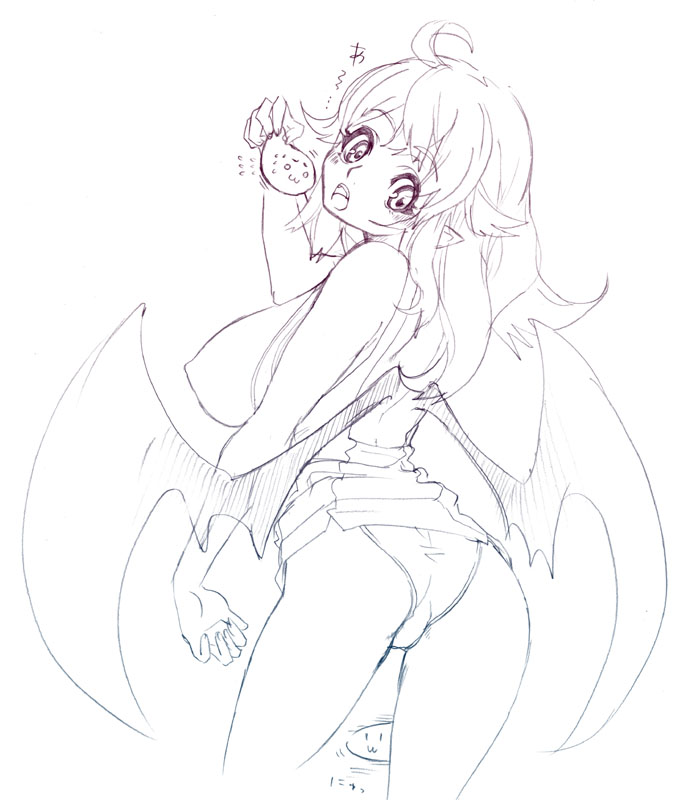 tsuutenkaaku, ass, breasts, greyscale, large breasts, legs, long hair, monochrome, outline, panties, pointy ears, solo, underwear, wings