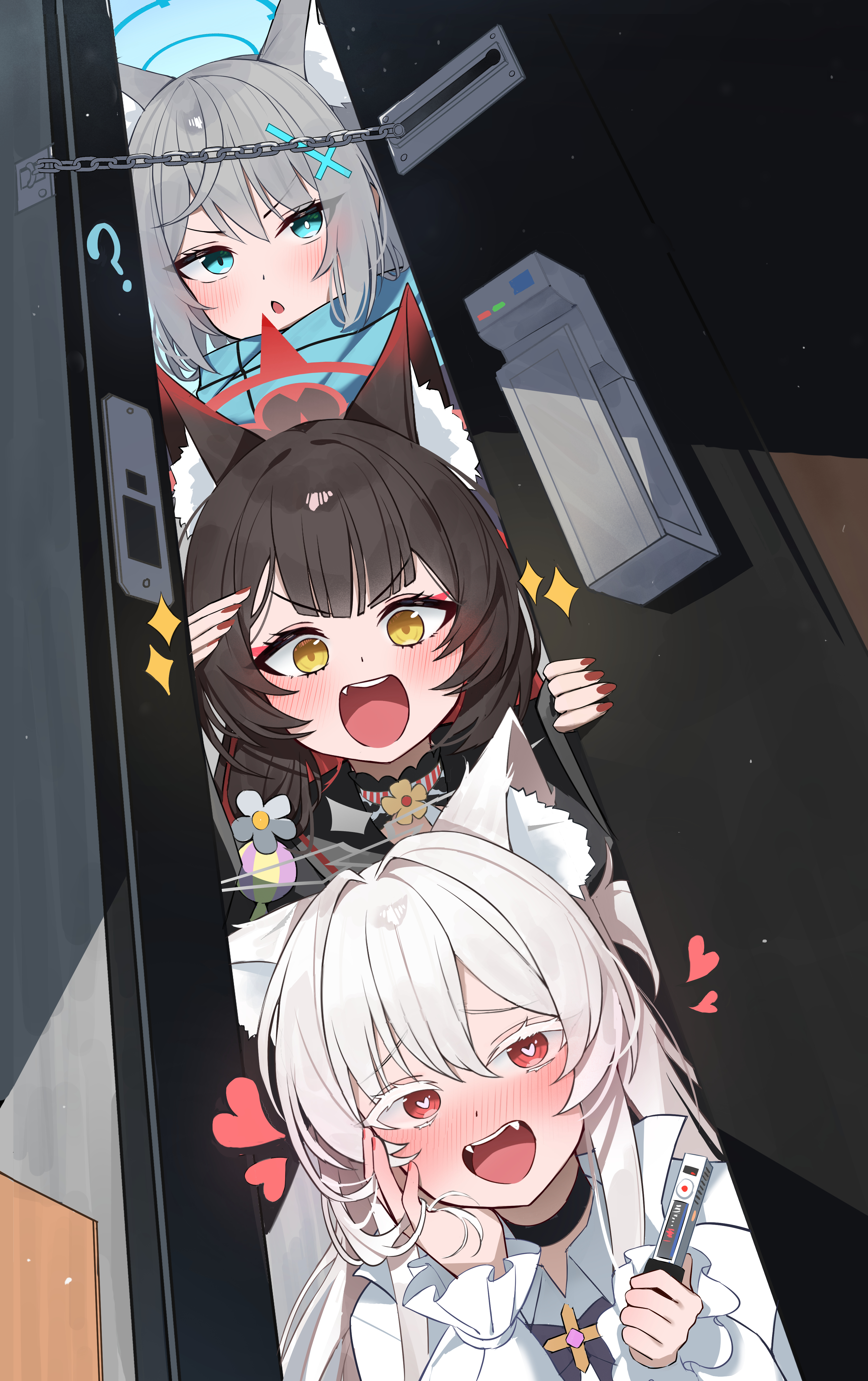 gonggo, akira (blue archive), shiroko (blue archive), wakamo (blue archive), blue archive, absurdres, highres, 3girls, ?, animal ear fluff, animal ears, black hair, blue bow, blue eyes, blue halo, blue scarf, blush, bow, cat ears, cat girl, colored inner hair, cross hair ornament, fangs, fox ears, fox girl, grey hair, grey halo, grey sailor collar, hair between eyes, hair ornament, halo, hand on own face, heart, heart-shaped pupils, holding, jacket, long hair, multicolored hair, multiple girls, open mouth, red eyes, red hair, red halo, red nails, sailor collar, scarf, shirt, sidelocks, sparkle, symbol-shaped pupils, two-tone hair, voice recorder, white hair, white jacket, white shirt, wolf ears, wolf girl, yellow eyes
