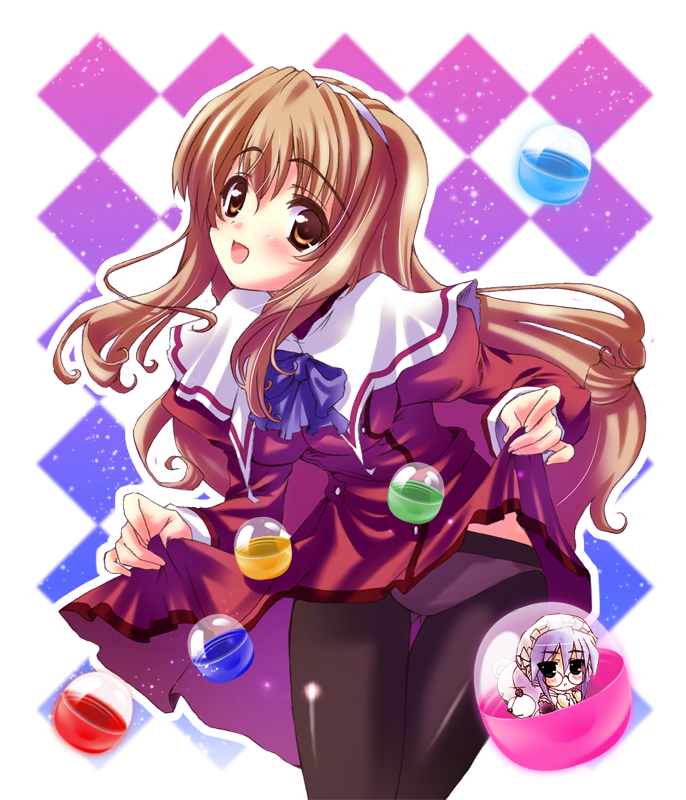 iga tamaki, nogizaka haruka, sakurazaka hazuki, nogizaka haruka no himitsu, 00s, 2girls, blush, brown eyes, brown hair, clothes lift, long hair, multiple girls, panties, panties under pantyhose, pantyhose, school uniform, serafuku, skirt, skirt lift, underwear