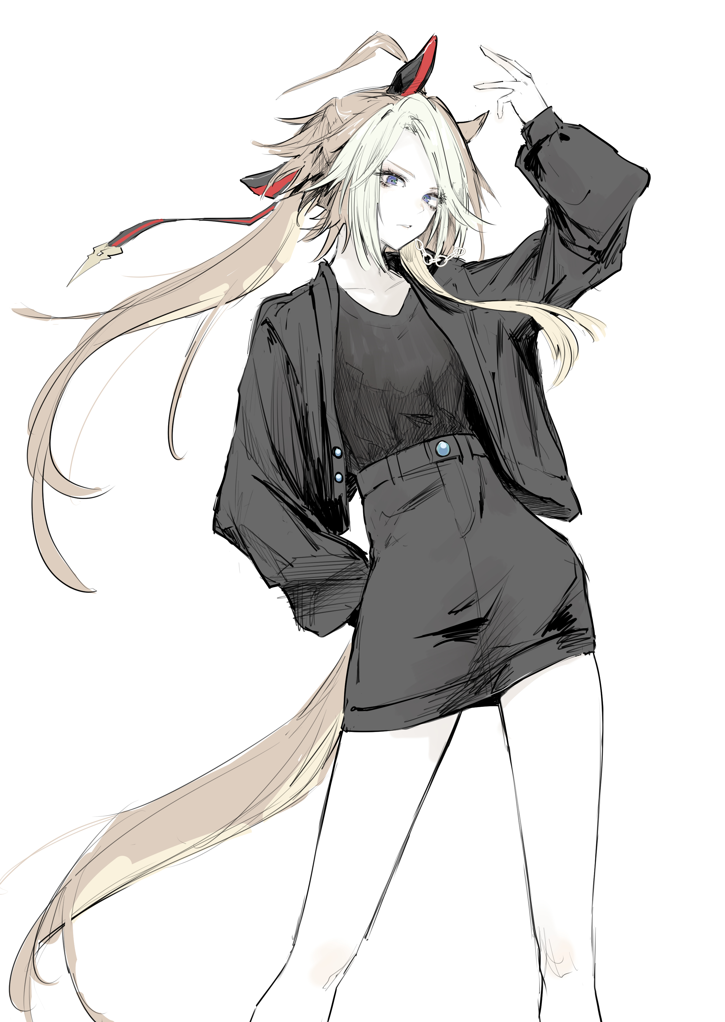 hasukurira, orfevre (umamusume), umamusume, absurdres, highres, 1girl, animal ears, black dress, black jacket, black shirt, blonde hair, breasts, dress, ear covers, ear ornament, horse ears, horse girl, horse tail, jacket, shirt, single ear cover, solo, tail