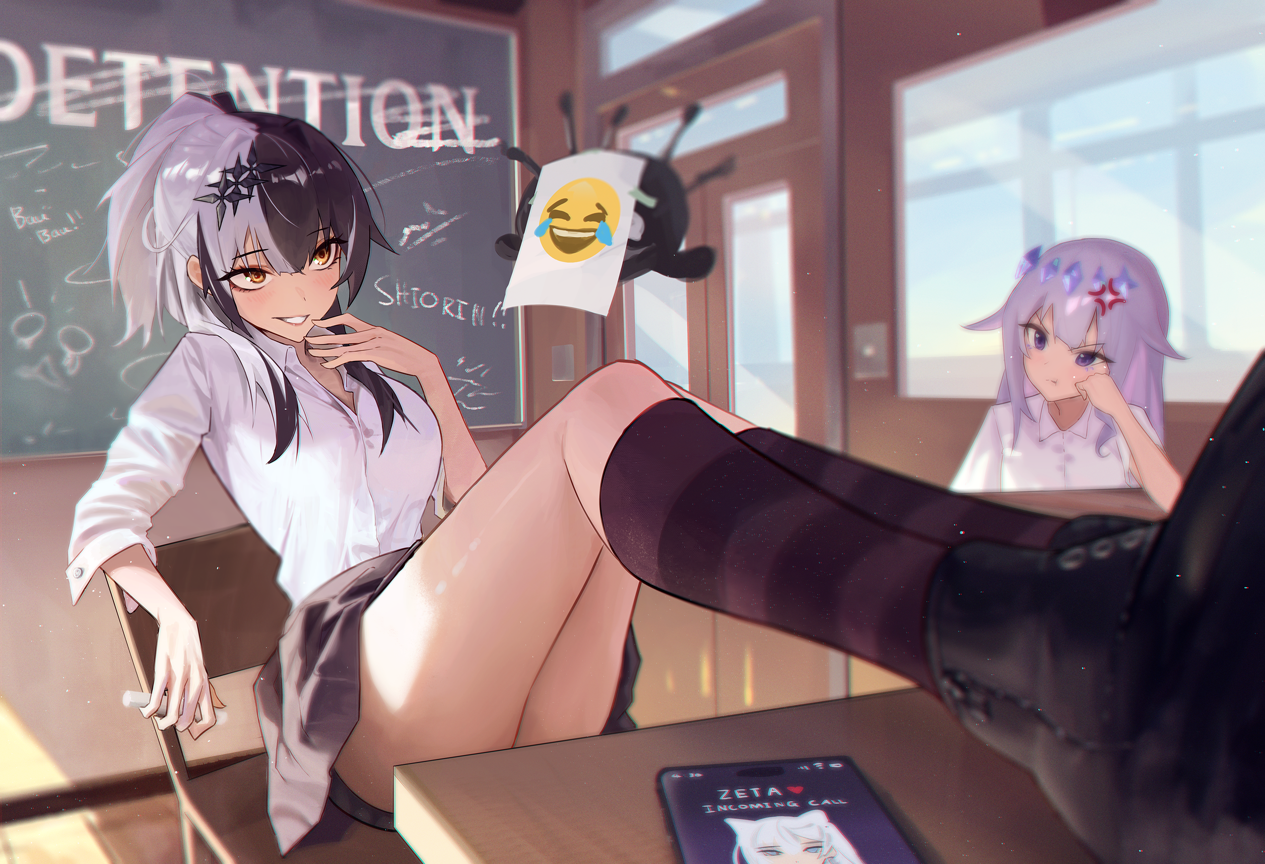 vyva, koseki bijou, shiori novella, shirakami fubuki, yorick (shiori novella), hololive, hololive english, highres, 2girls, anger vein, black boots, black hair, black skirt, black socks, boots, breasts, cellphone, chair, chalkboard, classroom, collared shirt, desk, feet on table, grey hair, indoors, joy emoji, kneehighs, large breasts, multicolored hair, multiple girls, on chair, phone, ponytail, purple eyes, school chair, school desk, school uniform, shirt, sitting, skirt, smartphone, socks, split-color hair, striped clothes, striped socks, two-tone hair, virtual youtuber, white shirt, yellow eyes