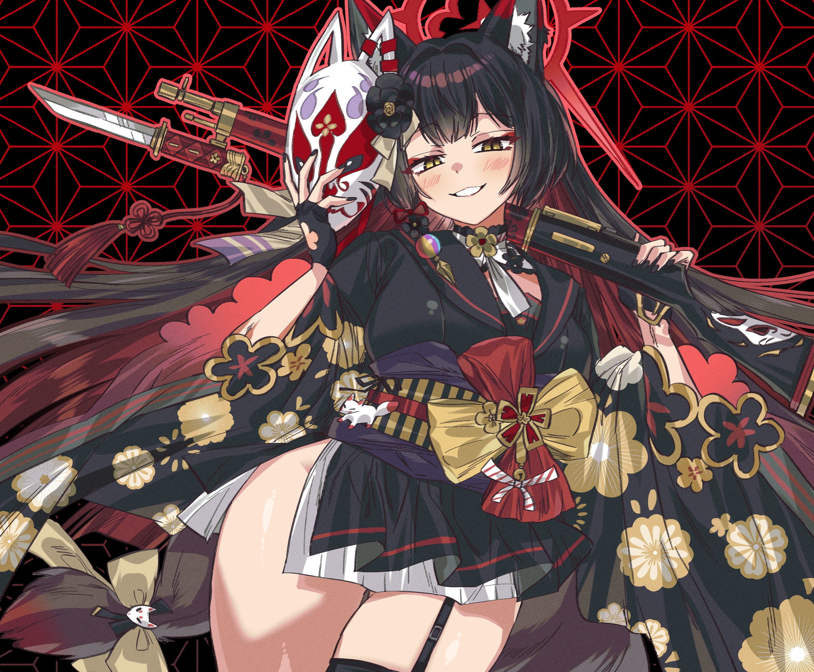 wakamo (blue archive), blue archive, highres, 1girl, animal ear fluff, animal ears, arisaka, black hair, black kimono, black sailor collar, bolt action, colored inner hair, eyeshadow, fingerless gloves, floral print sleeves, fox ears, fox girl, fox mask, fox tail, gloves, gun, halo, holding, holding gun, holding mask, holding weapon, japanese clothes, kimono, long hair, looking at viewer, makeup, mask, miniskirt, multicolored hair, namaniku (user nxxf7457), red eyeshadow, red halo, rifle, sailor collar, side slit, single thighhigh, skirt, smile, solo, tail, thighhighs, weapon, yellow eyes