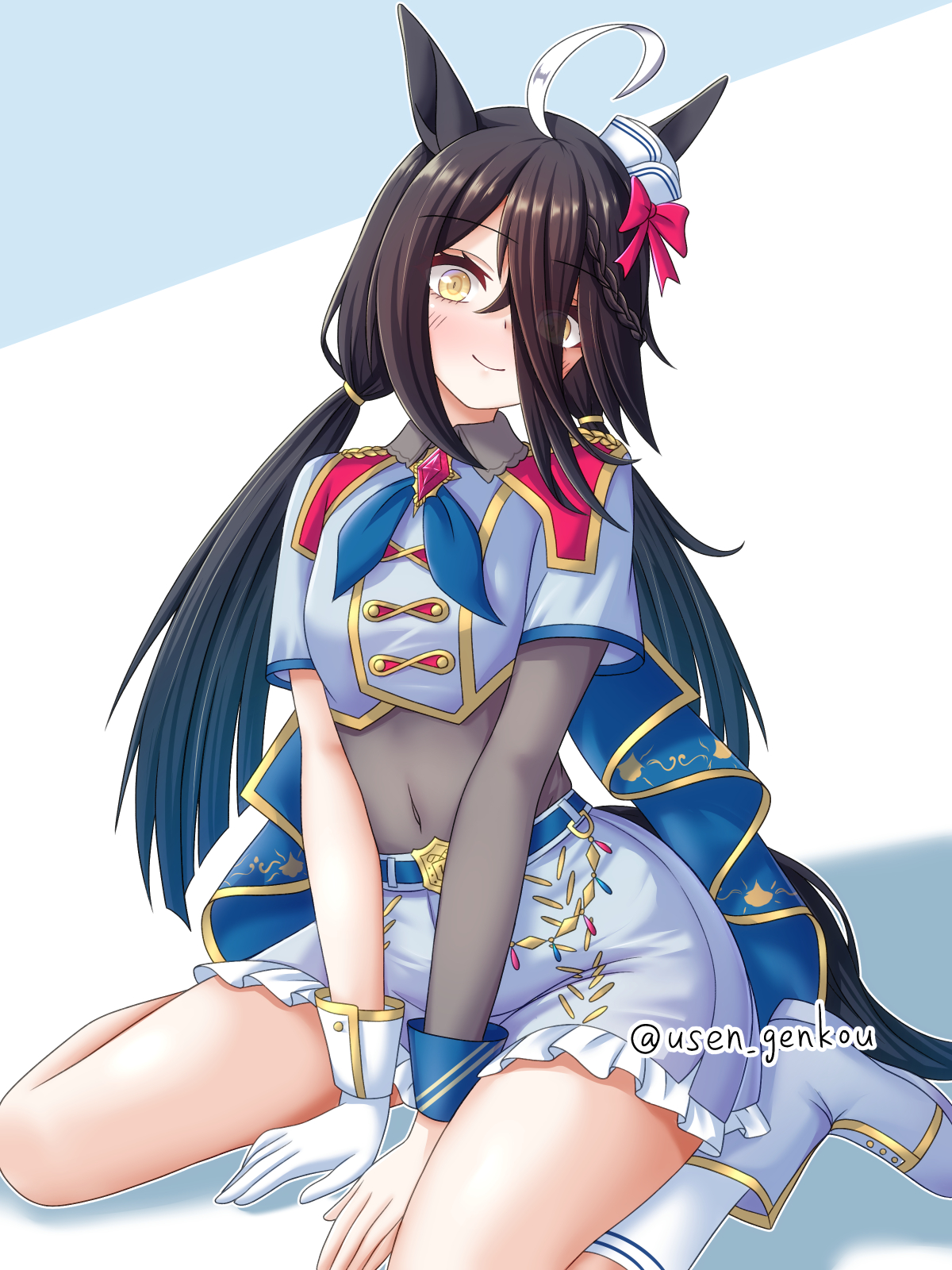 yuusen (aenka), manhattan cafe (umamusume), umamusume, highres, 1girl, ahoge, alternate costume, animal ears, black bodysuit, black hair, blue boots, blue hair, blue shirt, blue skirt, blush, bodysuit, boots, breasts, closed mouth, covered navel, cropped shirt, gloves, gradient hair, hair over one eye, horse ears, horse girl, horse tail, looking at viewer, low twintails, multicolored hair, shirt, short sleeves, single glove, sitting, skirt, small breasts, smile, socks, solo, tail, twintails, two-tone hair, wariza, white gloves, white socks, yellow eyes