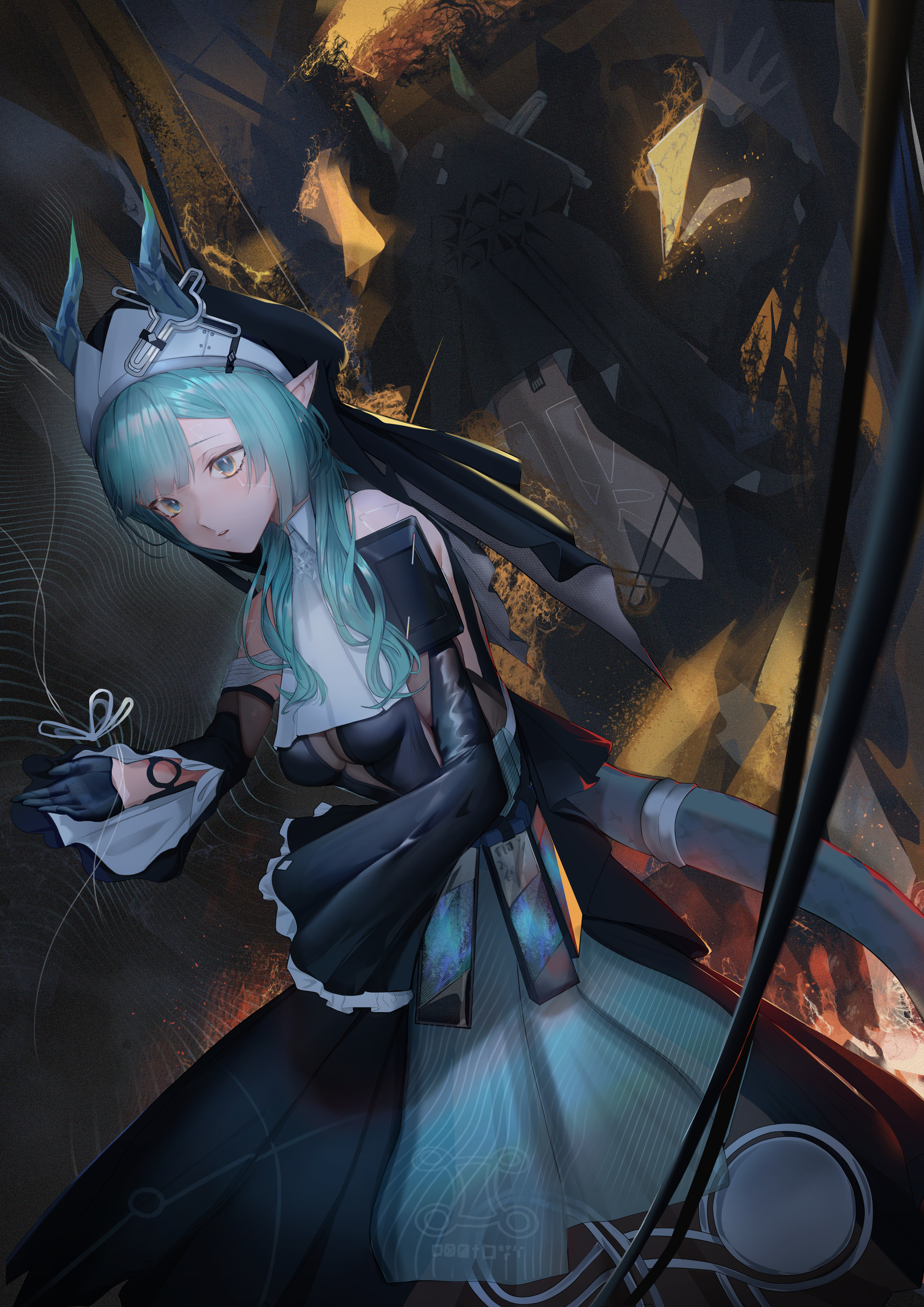 saigakobaru, xaihi (arknights), arknights, arknights: endfield, absurdres, chinese commentary, commentary, highres, 1girl, ascot, bare shoulders, black dress, black gloves, black veil, blunt bangs, blunt sidelocks, breasts, center opening, collared dress, cross hair ornament, detached sleeves, dress, frilled sleeves, frills, gloves, grey hair, grey horns, grey pupils, grey tail, hair ornament, hand up, horns, impossible clothes, light blush, long dress, long hair, looking ahead, medium breasts, parted lips, pointy ears, reflection, sidelocks, veil, white ascot, wide sleeves, yellow eyes