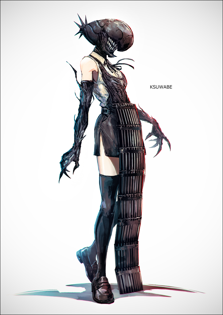 k-suwabe, bomb devil (chainsaw man), chainsaw man, 1girl, apron, black apron, black gloves, bomb, collared shirt, dynamite, elbow gloves, explosive, facing to the side, gloves, object head, sharp teeth, shirt, solo, teeth, white shirt