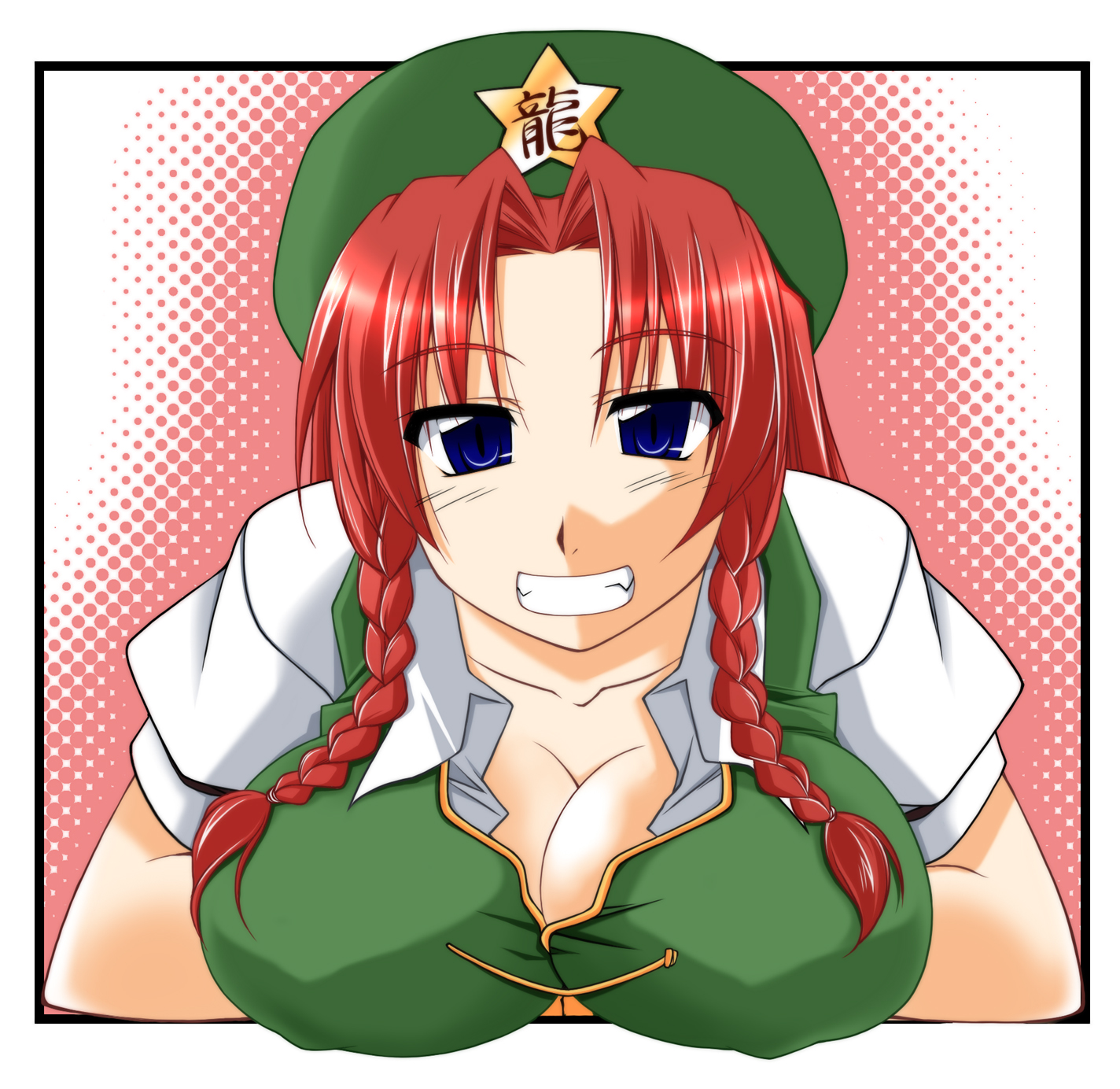 inu mamoru mizuki, inue, hong meiling, embodiment of scarlet devil, touhou, highres, 1girl, blue eyes, braid, breasts, china dress, chinese clothes, cleavage, covered erect nipples, dress, female focus, grin, hat, large breasts, long hair, red hair, smile, solo, twin braids