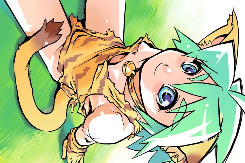 shiro (tamago no kara), cham cham, samurai spirits, snk, 1girl, animal ears, animal print, arm support, bell, blue eyes, collar, downblouse, female focus, green hair, jingle bell, neck bell, sitting, smile, solo, tail, tiger print