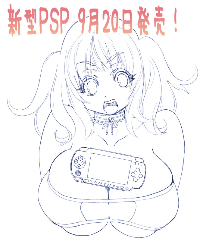 tsuutenkaaku, 1girl, :o, breasts, choker, female focus, handheld game console, huge breasts, long hair, monochrome, outline, playstation portable, short twintails, solo, twintails