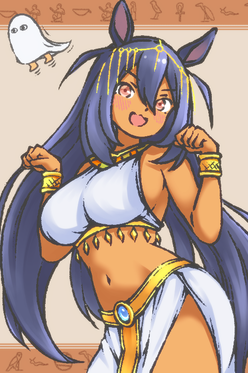 kaicho (kaicho p), hishi amazon (umamusume), umamusume, 1girl, animal ears, blue hair, breasts, brown eyes, crop top, dark-skinned female, dark skin, horse ears, horse girl, long hair, looking at viewer, medium breasts, open mouth, shirt, smile, solo, very long hair, white shirt