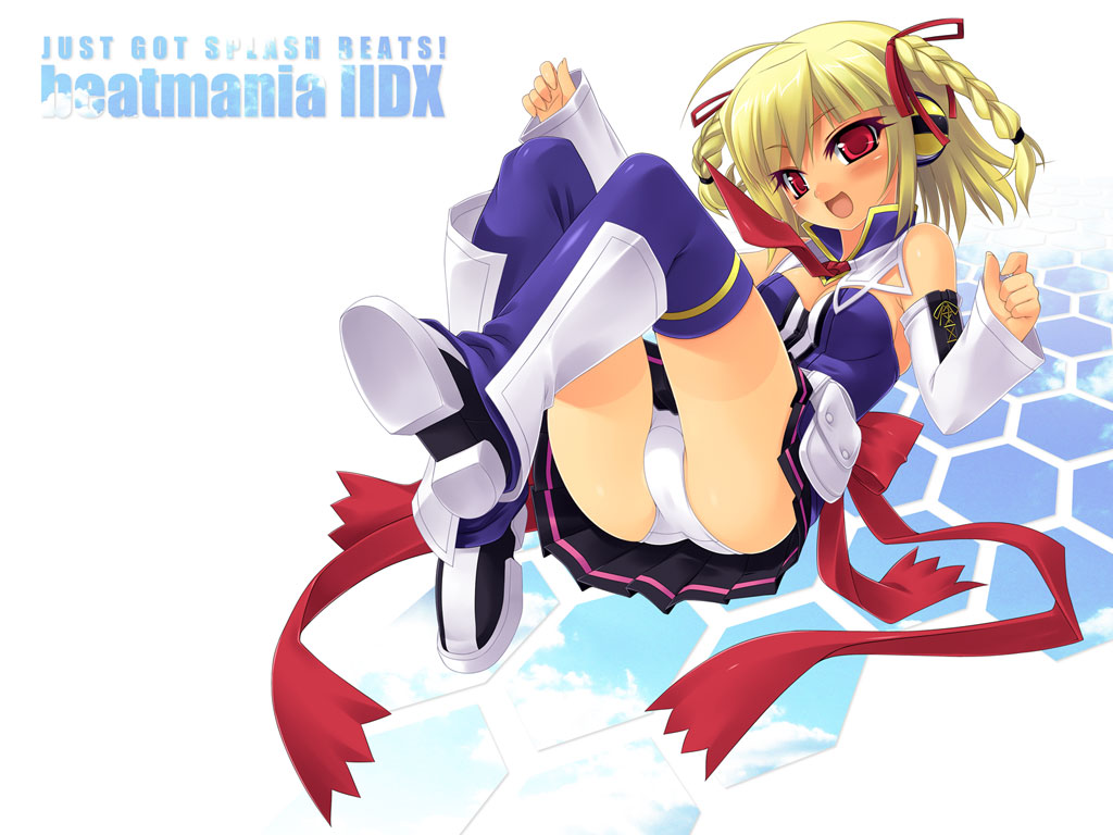 kinoshita ichi, xiatian (beatmania), beatmania iidx, beatmania iidx 14 gold, bemani, 1girl, :d, bare shoulders, blonde hair, blush, boots, braid, detached sleeves, female focus, headphones, legs, looking at viewer, open mouth, panties, pantyshot, pleated skirt, pouch, ribbon, skirt, smile, solo, thigh boots, thighhighs, twin braids, underwear, upskirt, white panties