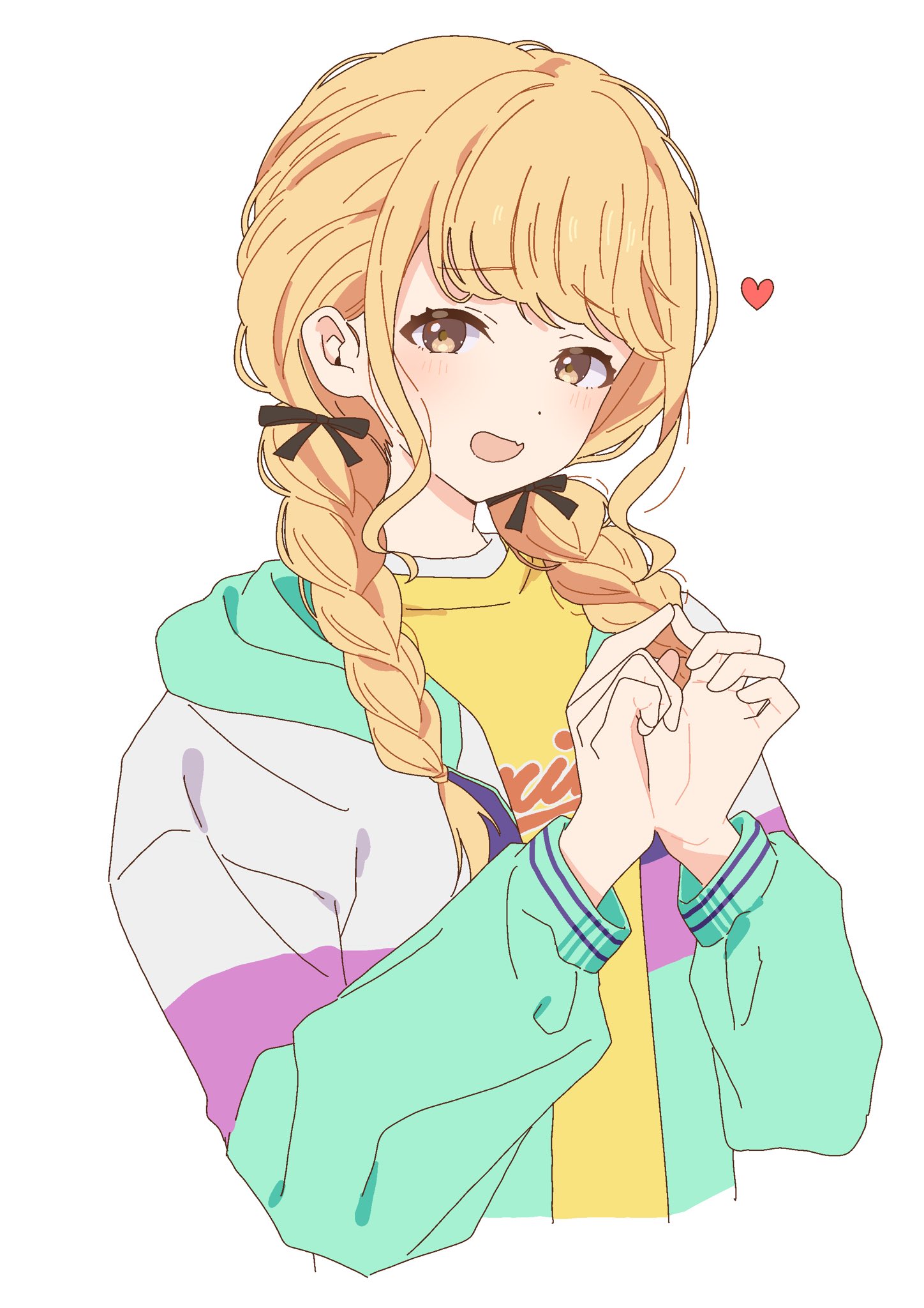 aru (purepur8), fujita kotone, gakuen idolmaster, idolmaster, highres, 1girl, black ribbon, blonde hair, braid, cropped torso, fang, from side, green jacket, hair ornament, hair ribbon, hair tie, hands up, heart, hood, hood down, hooded jacket, index fingers together, jacket, light blush, long hair, long sleeves, looking at viewer, loose hair strand, low twin braids, multicolored jacket, nervous, open mouth, purple jacket, ribbon, shirt, sidelocks, simple background, skin fang, solo, swept bangs, t-shirt, twin braids, twintails, upper body, white background, white jacket, yellow eyes, yellow shirt