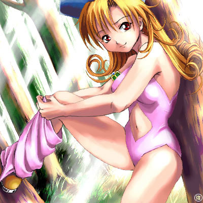 alena (dq4), chunsoft, dragon quest, dragon quest iv, enix, lowres, blonde hair, boots, brown eyes, hat, leotard, long hair, oekaki, orange hair, pink leotard (dq), red eyes, solo