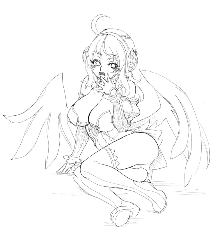 tsuutenkaaku, ahoge, ass, blush, breasts, cleavage, greyscale, large breasts, monochrome, panties, sitting, solo, thighhighs, underwear, wings, yawning