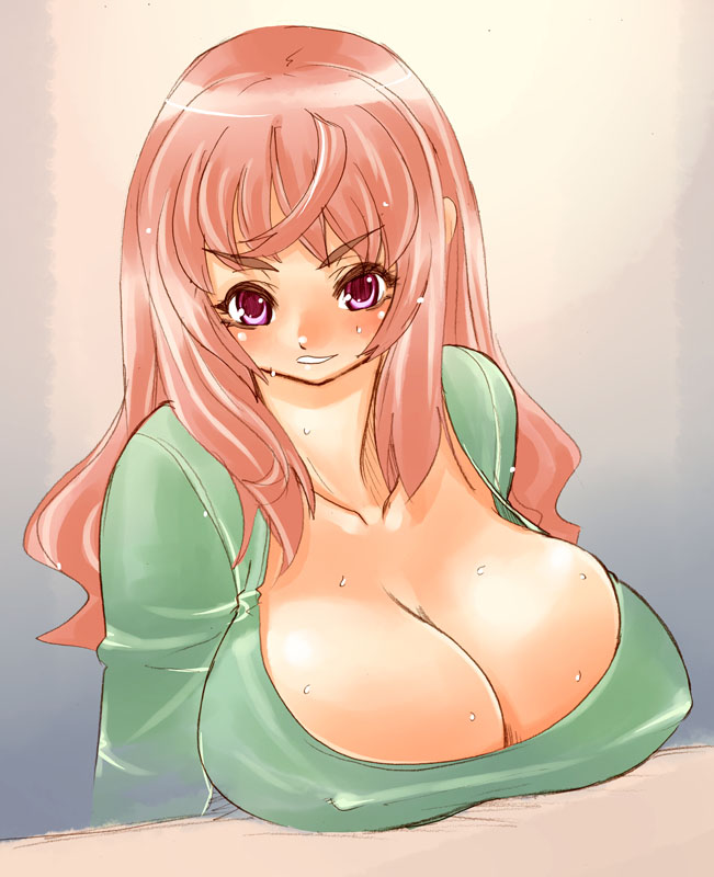 tsuutenkaaku, blush, breast rest, breasts, cleavage, huge breasts, long hair, pink eyes, pink hair, solo, sweat