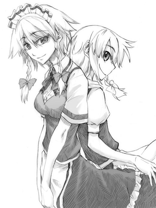 hikawa shou, izayoi sakuya, kirisame marisa, touhou, 2girls, female focus, greyscale, hair between eyes, monochrome, multiple girls
