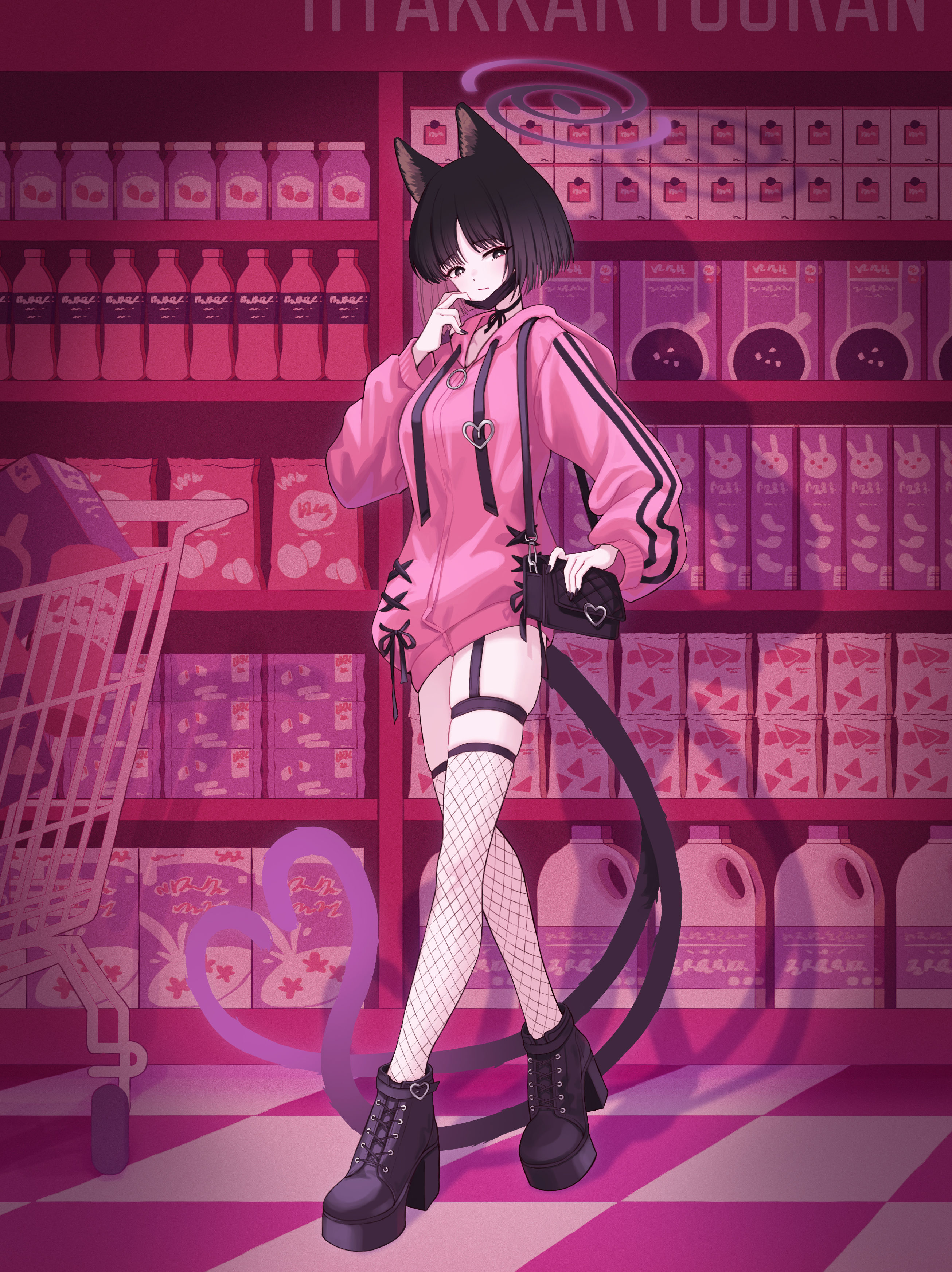 sxrxri a, kikyou (blue archive), blue archive, absurdres, highres, 1girl, alternate costume, animal ears, bag, bakeneko, black hair, blue halo, boots, cat ears, cat girl, cat tail, fishnet thighhighs, fishnets, gradient tail, halo, hood, hoodie, jirai kei, looking at viewer, mask, mask pull, mouth mask, multiple tails, pink hoodie, platform boots, short hair, shoulder bag, solo, tail, thighhighs, two tails