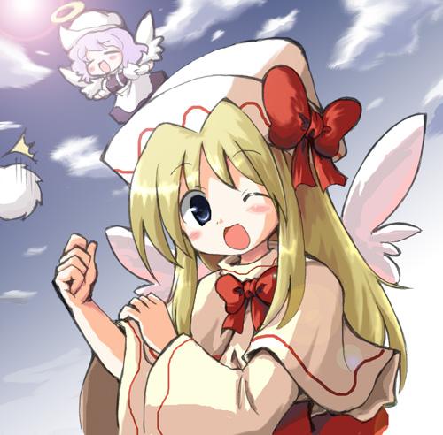 oyavun, vu (oyavun), kedama (touhou), letty whiterock, lily white, touhou, lowres, 2girls, chibi, female focus, halo, multiple girls