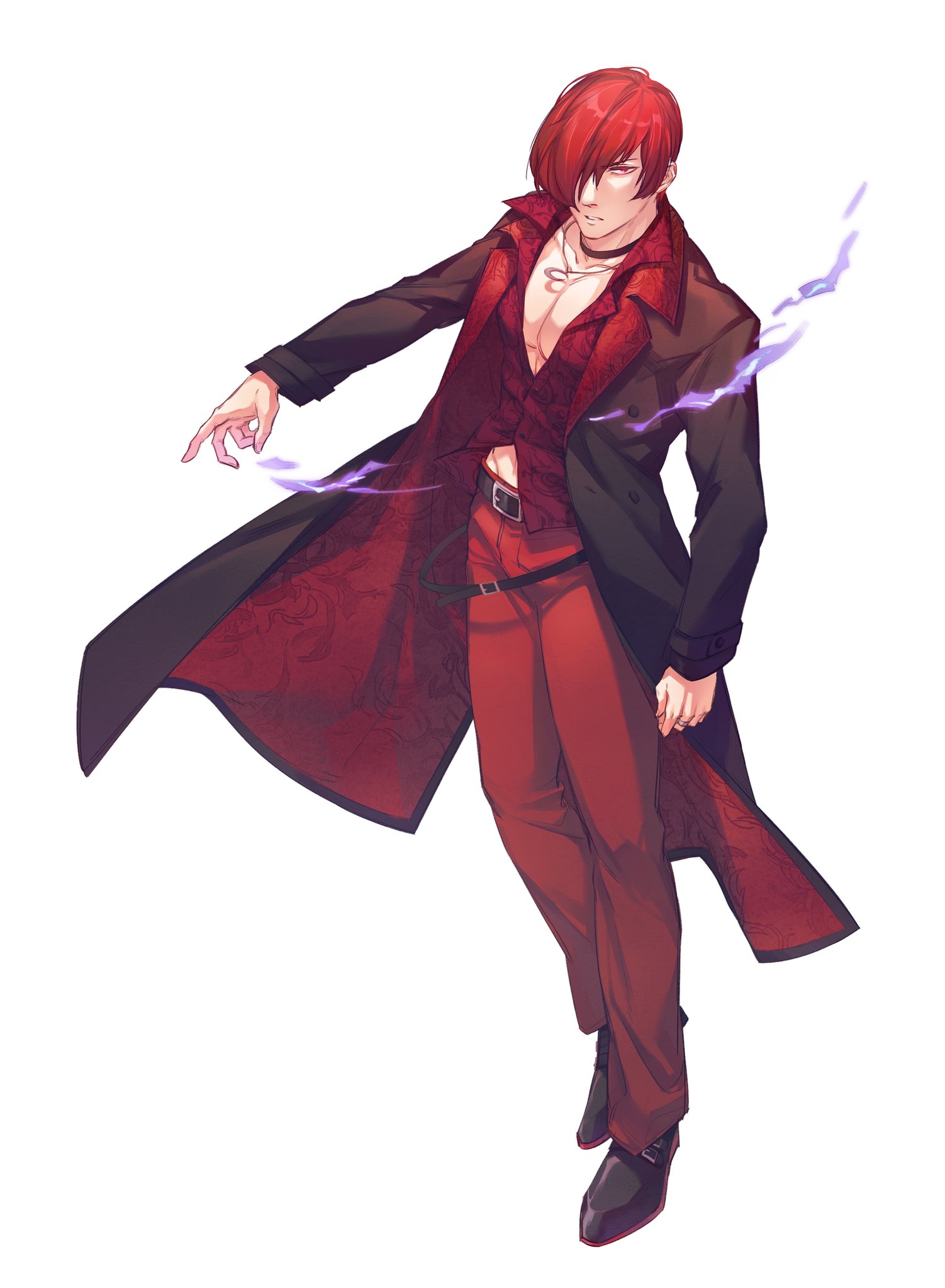 an ling withered, yagami iori, the king of fighters, the king of fighters xv, highres, 1boy, belt, black belt, black choker, black coat, black shoes, choker, coat, collared shirt, crescent, crescent necklace, fire, full body, hair over one eye, jewelry, long coat, looking at viewer, loose belt, male focus, multiple belts, necklace, pants, parted lips, partially unbuttoned, pectoral cleavage, pectorals, purple fire, pyrokinesis, red eyes, red hair, red pants, red shirt, ring, shirt, shoes, short hair, simple background, solo, standing, white background