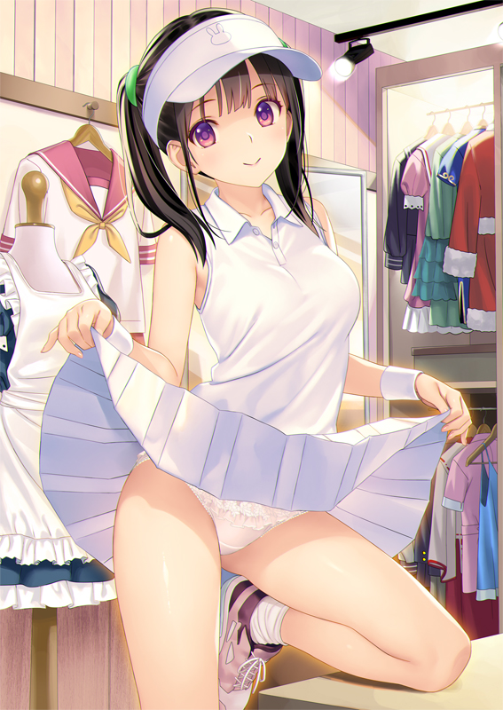 koutaro, original, 1girl, bare shoulders, black hair, blush, closed mouth, clothes lift, hair bobbles, hair ornament, lifting own clothes, long hair, looking at viewer, panties, pleated skirt, purple eyes, shirt, shoes, skirt, skirt lift, sleeveless, sleeveless shirt, smile, sneakers, socks, solo, sportswear, standing, standing on one leg, tennis uniform, twintails, underwear, visor cap, white panties, white shirt, white skirt, white socks, wristband