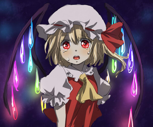 machiko (beard), flandre scarlet, touhou, 1girl, alternate wings, blonde hair, crying, crying with eyes open, female focus, glowing, hat, mob cap, open mouth, red eyes, scared, short hair, side ponytail, solo, tears, upper body, wings