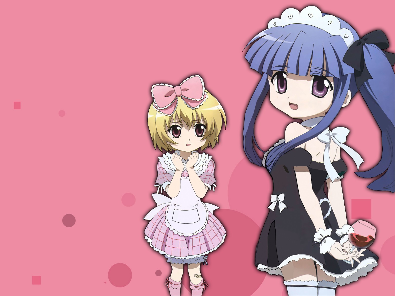 sakai kyuuta, furude rika, houjou satoko, higurashi no naku koro ni, highres, 00s, 2girls, alcohol, blonde hair, blue hair, bow, chalice, cup, dress, long hair, multiple girls, pink bow, ponytail, purple eyes, red eyes, short hair, thighhighs, wine
