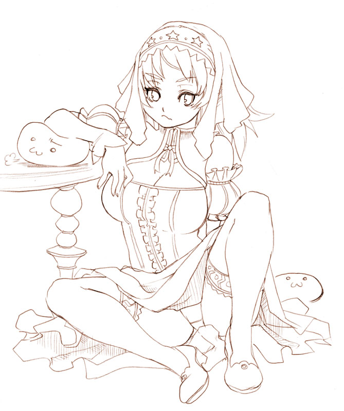 tsuutenkaaku, breasts, cleavage, hood, large breasts, monochrome, outline, panties, pantyshot, sitting, solo, thighhighs, underwear