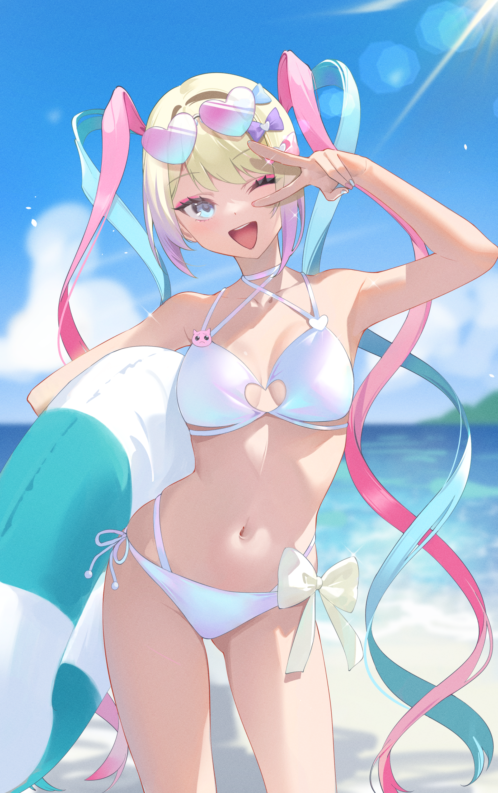 spider apple, chouzetsusaikawa tenshi-chan, needy girl overdose, absurdres, highres, 1girl, ;d, beach, bikini, blue sky, blush, bow, breasts, cloud, contrapposto, cowboy shot, eyewear on head, hair bow, hair ornament, heart, heart-shaped eyewear, heart hair ornament, holding, holding swim ring, innertube, long hair, looking at viewer, multicolored hair, multicolored nails, multiple hair bows, navel, one eye closed, open mouth, outdoors, purple bow, quad tails, sky, smile, solo, standing, swim ring, swimsuit, tinted eyewear, v, very long hair, water, white bikini