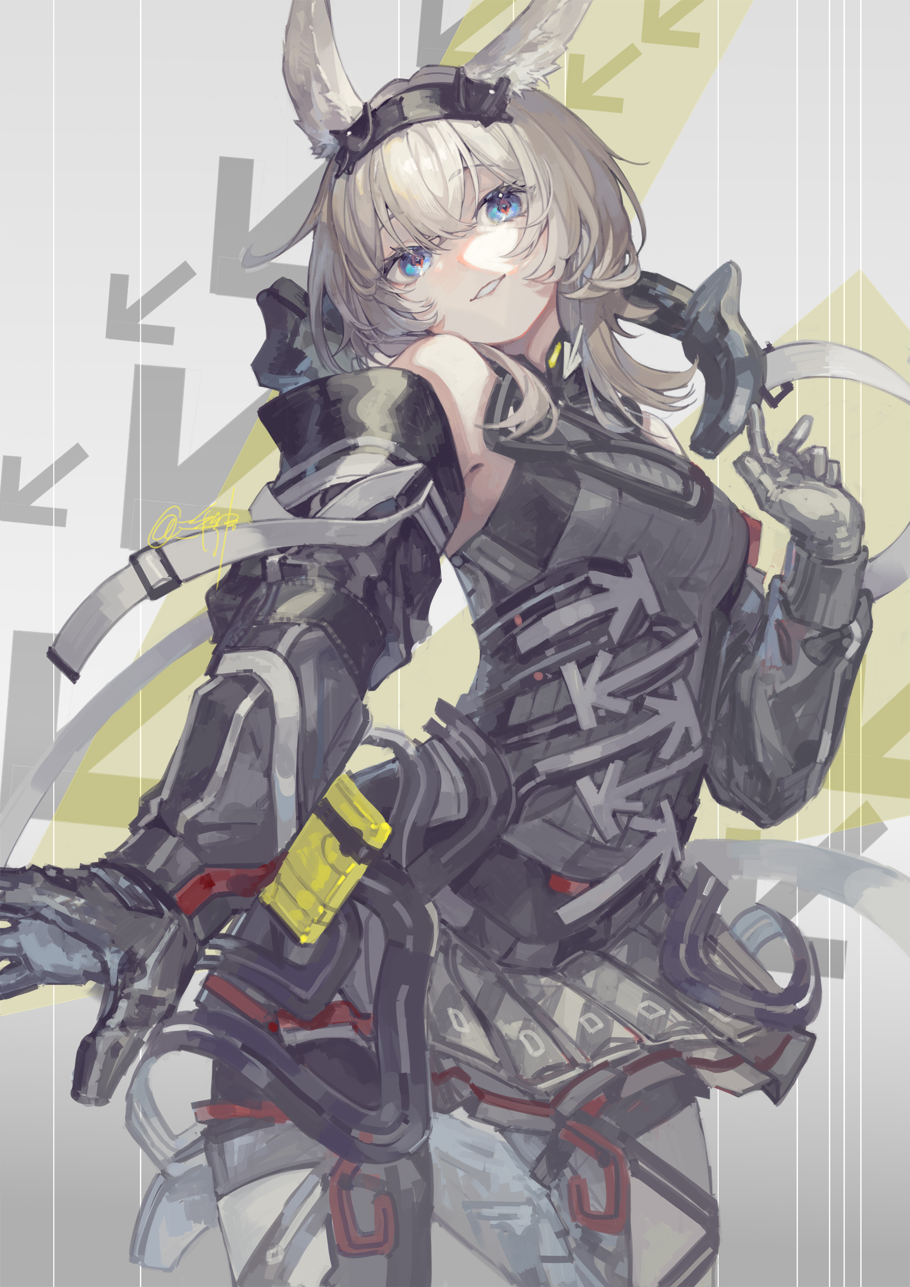 miike (992058), avywenna (arknights), arknights, arknights: endfield, absurdres, commentary, highres, 1girl, animal ear fluff, animal ears, armpit crease, arrow (symbol), bare shoulders, black hairband, blue eyes, breasts, collared shirt, cowboy shot, detached sleeves, gloves, grey gloves, grey hair, grey shirt, grey skirt, grey sleeves, hair between eyes, hairband, hand up, head tilt, long sleeves, looking at viewer, medium breasts, medium hair, miniskirt, orange pupils, pleated skirt, rabbit ears, rabbit girl, shirt, sidelocks, signature, skirt, sleeveless, sleeveless shirt, smile, solo, teeth, w