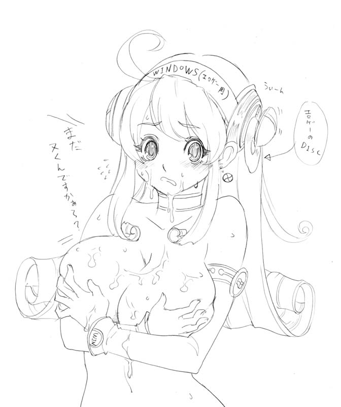 tsuutenkaaku, breast hold, 1girl, blush, breasts, choker, covering breasts, covering privates, cum, cum on body, cum on breasts, cum on upper body, facial, female focus, greyscale, large breasts, long hair, monochrome, nude, nude cover, solo