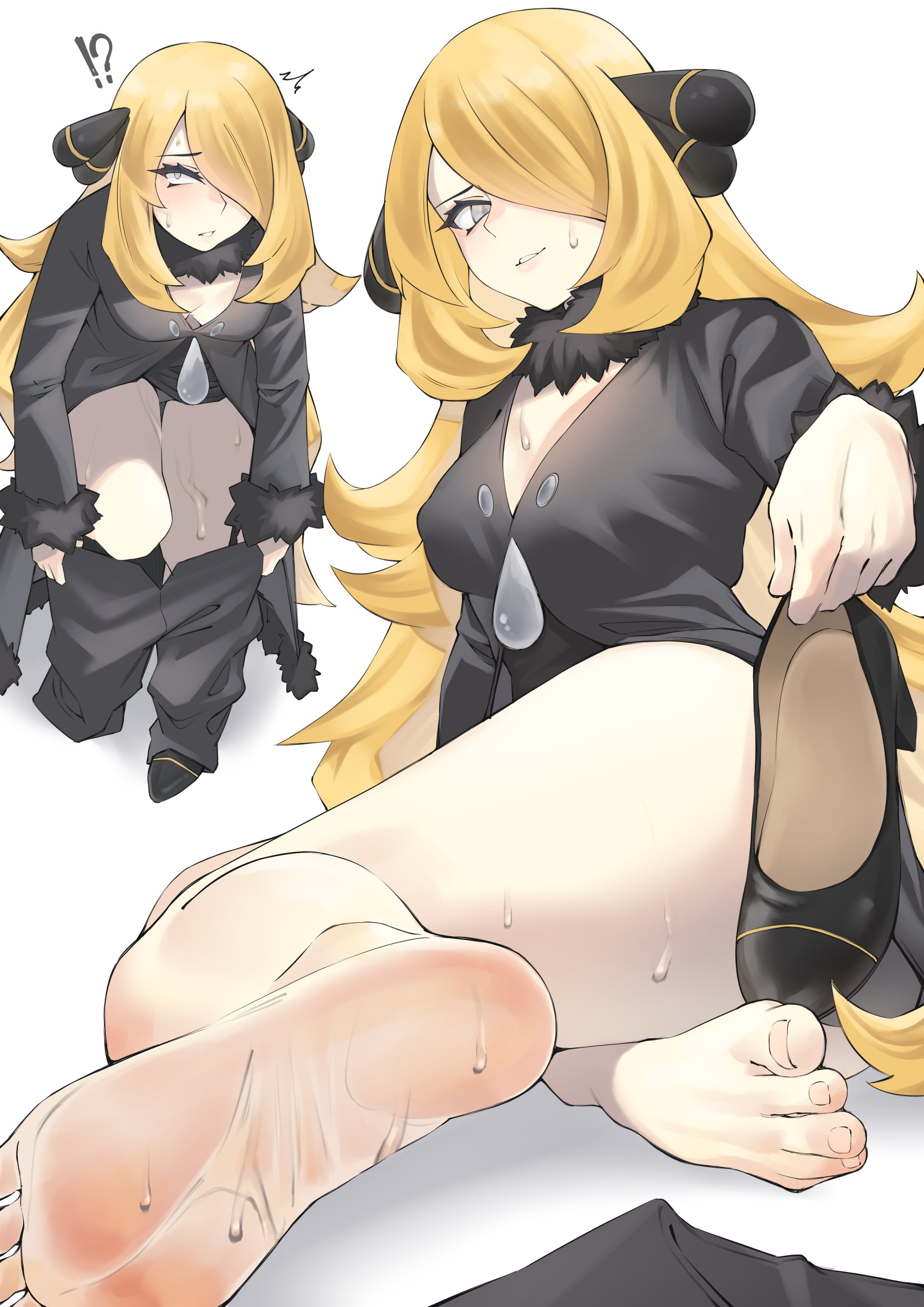 nekokaminari, cynthia (pokemon), nintendo, pokemon, pokemon dppt, absurdres, highres, !?, 1girl, barefoot, black pants, black shirt, black shoes, blonde hair, blush, breasts, cleavage, feet, foot focus, foreshortening, full body, fur trim, grey eyes, hair ornament, hair over one eye, high heels, holding, holding shoes, holding unworn clothes, large breasts, long hair, long sleeves, looking at viewer, multiple views, on ground, one eye covered, pants, parted lips, removing pants, shirt, shoes, simple background, sitting, soles, sweat, thighs, toenails, toes, unworn shoes, very long hair, white background