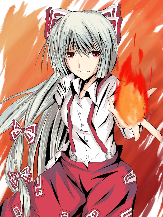 ram hachimin, fujiwara no mokou, touhou, silver hair, 1girl, female focus, fire, long hair, ribbon, solo, standing