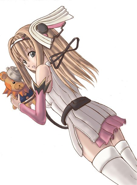 yappy, aurica nestmile, don leon, ar tonelico, ar tonelico i, gust, 00s, 1girl, bare shoulders, belt, black eyes, brown hair, detached sleeves, hair ornament, hair ribbon, hairband, looking back, ribbon, skirt, stuffed animal, stuffed toy, teddy bear, thighhighs