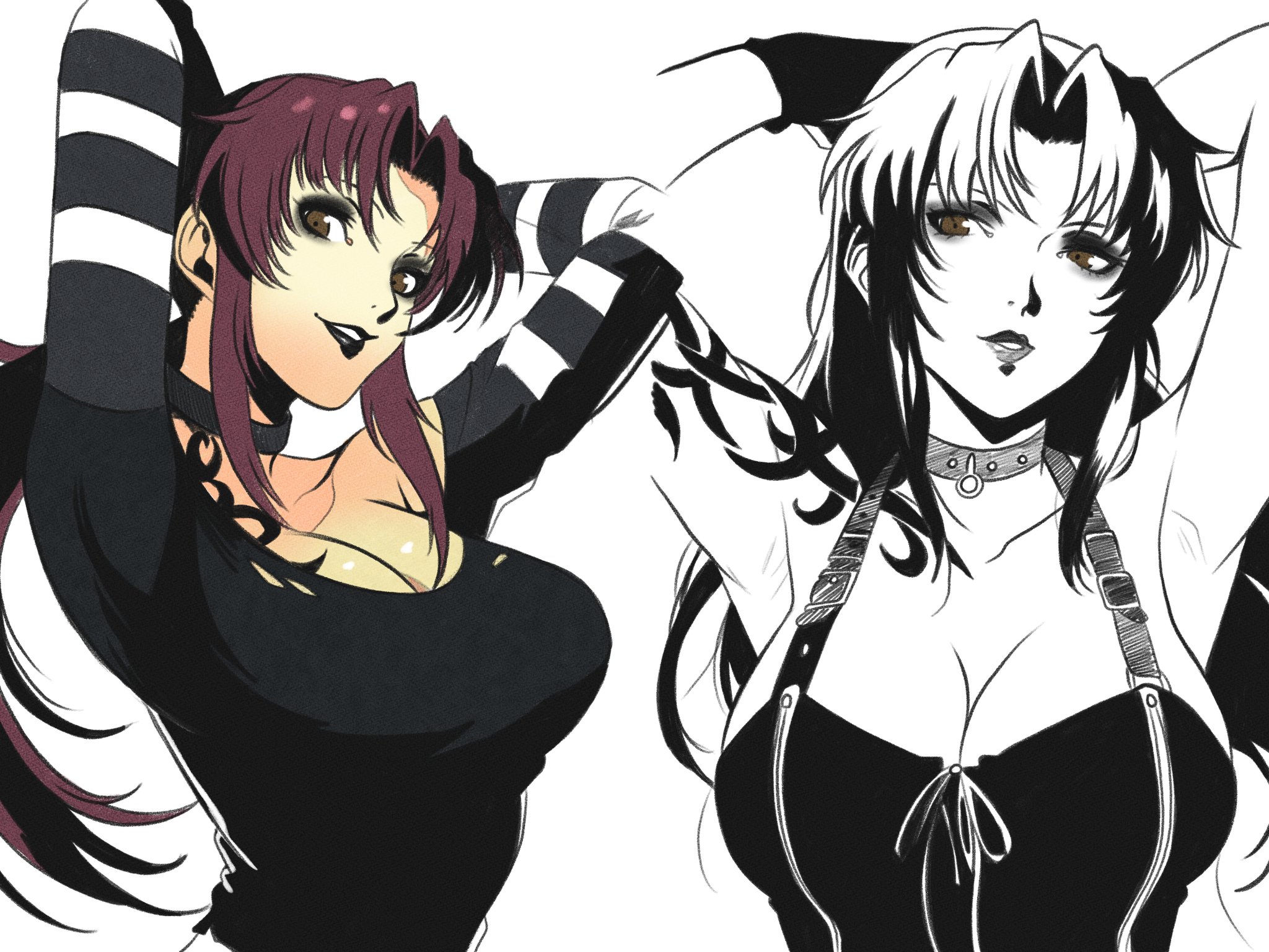 windriftdraws, revy (black lagoon), black lagoon, commentary, english commentary, highres, 1girl, arm tattoo, arms behind head, bare shoulders, black lips, black shirt, breasts, brown eyes, cleavage, goth fashion, greyscale, grin, hair down, large breasts, looking at viewer, monochrome, multiple views, ponytail, purple hair, shirt, sidelocks, smile, solo, spot color, tattoo, teeth