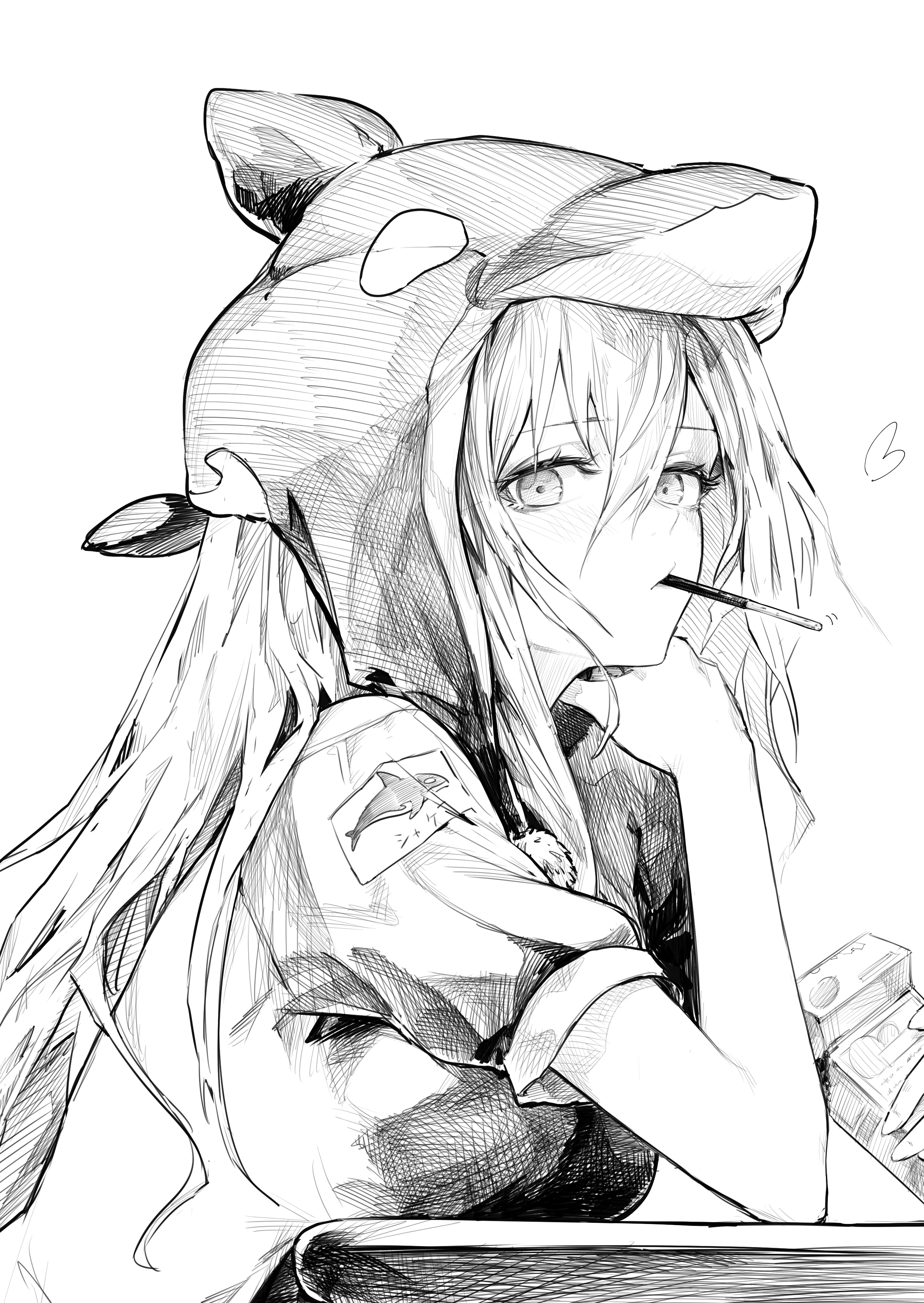 hasukurira, skadi (arknights), arknights, absurdres, highres, 1girl, angelfish, aqua gloves, aqua hat, ascot, black ascot, breasts, dalachi (headdress), fish, food, gloves, grey ascot, hat, large breasts, long hair, low-tied long hair, orca, orca hair ornament, pocky, solo