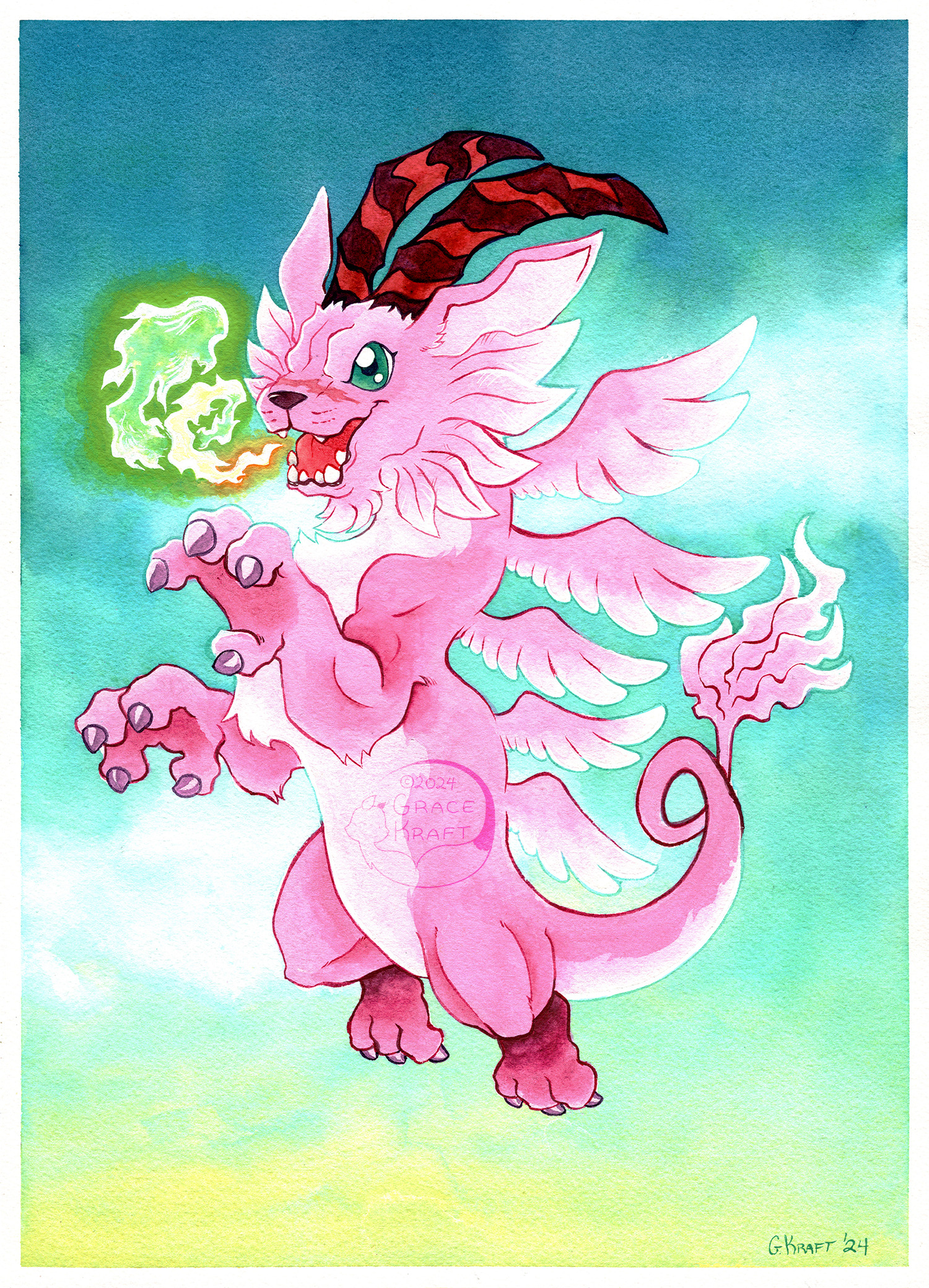grace kraft, holydramon, digimon, highres, artist name, blue sky, border, claws, day, digimon (creature), flying, green eyes, horns, multiple wings, no humans, open mouth, outdoors, outside border, pink fur, red horns, signature, sky, solo, tail, white border, wings