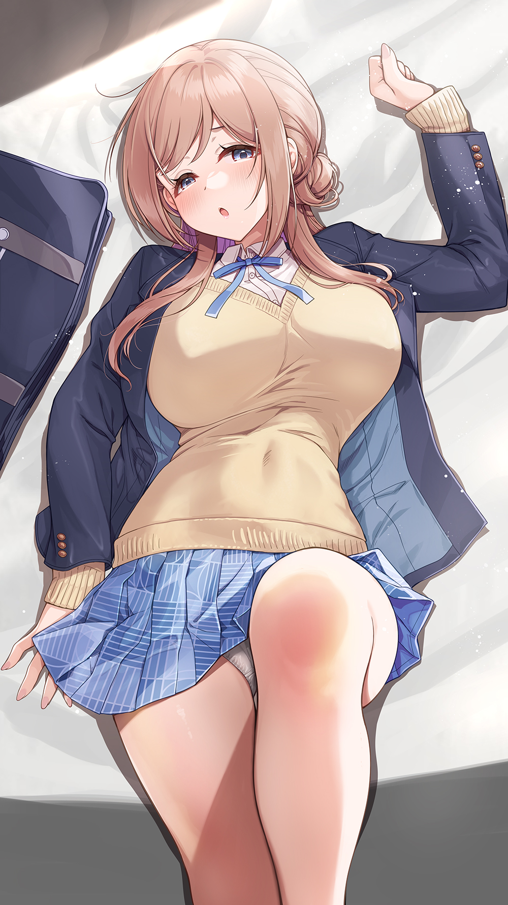 mk (mod0), himesaki rinami, gakuen idolmaster, idolmaster, commentary request, highres, 1girl, bag, bare legs, bed sheet, black jacket, blue eyes, blue skirt, blush, breasts, brown cardigan, brown hair, cardigan, collared shirt, covered navel, hair bun, jacket, large breasts, long hair, long sleeves, looking at viewer, lying, open mouth, panties, pleated skirt, school bag, school uniform, shirt, sidelocks, skirt, solo, underwear, white panties, white shirt