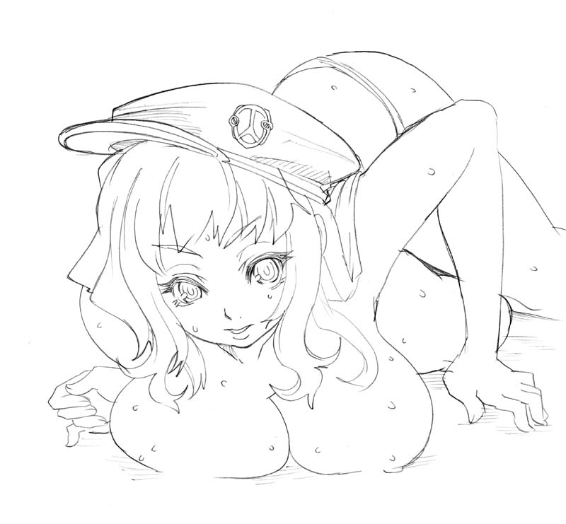 tsuutenkaaku, breast press, breasts, greyscale, hat, large breasts, long hair, lying, monochrome, solo, sweat, topless female