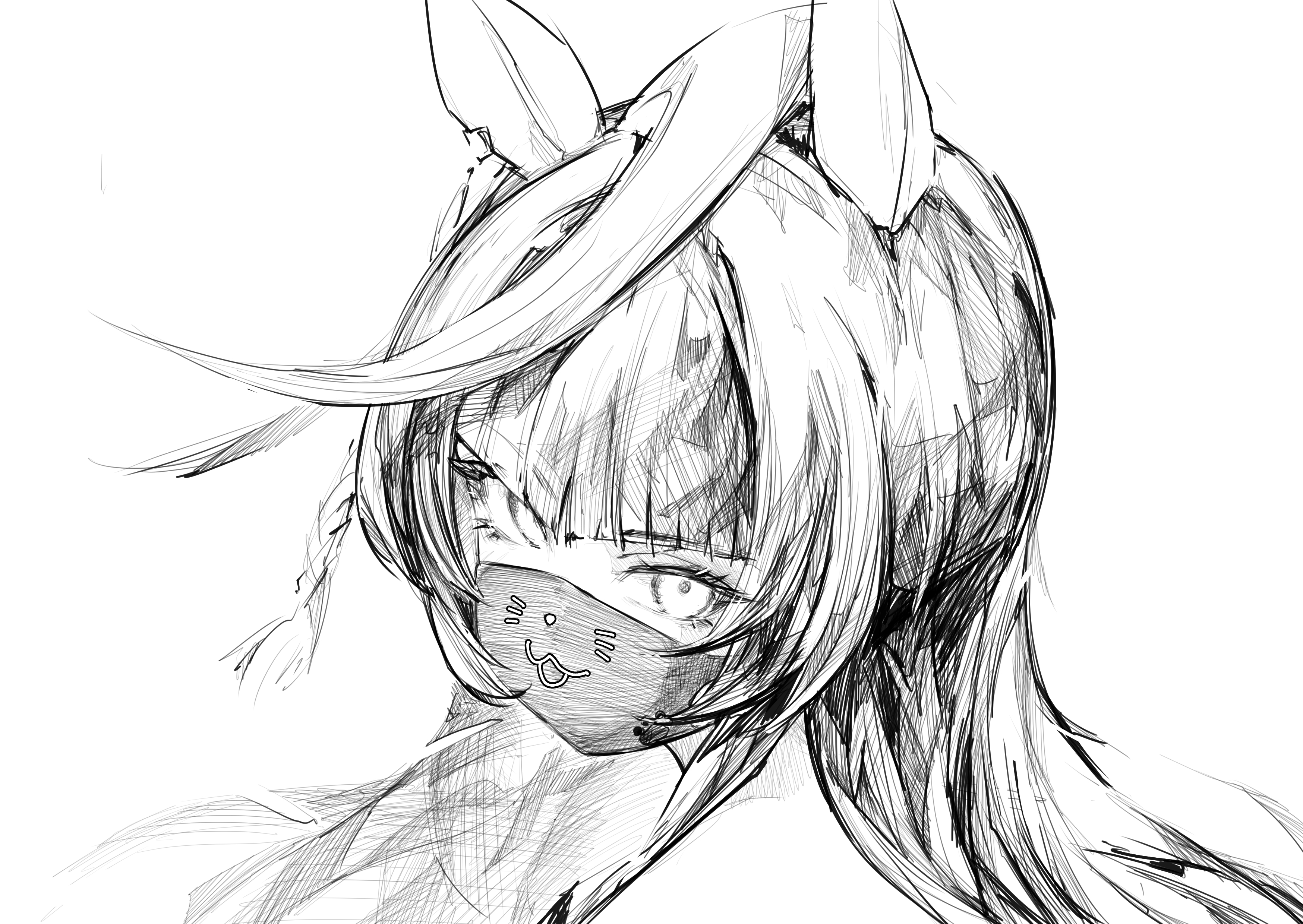 hasukurira, calstone light o (umamusume), umamusume, absurdres, highres, 1girl, animal ears, breasts, ear covers, ear ornament, horse ears, horse girl, horse tail, mask, mouth mask, shirt, single ear cover, solo, striped hair, tail, yellow eyes