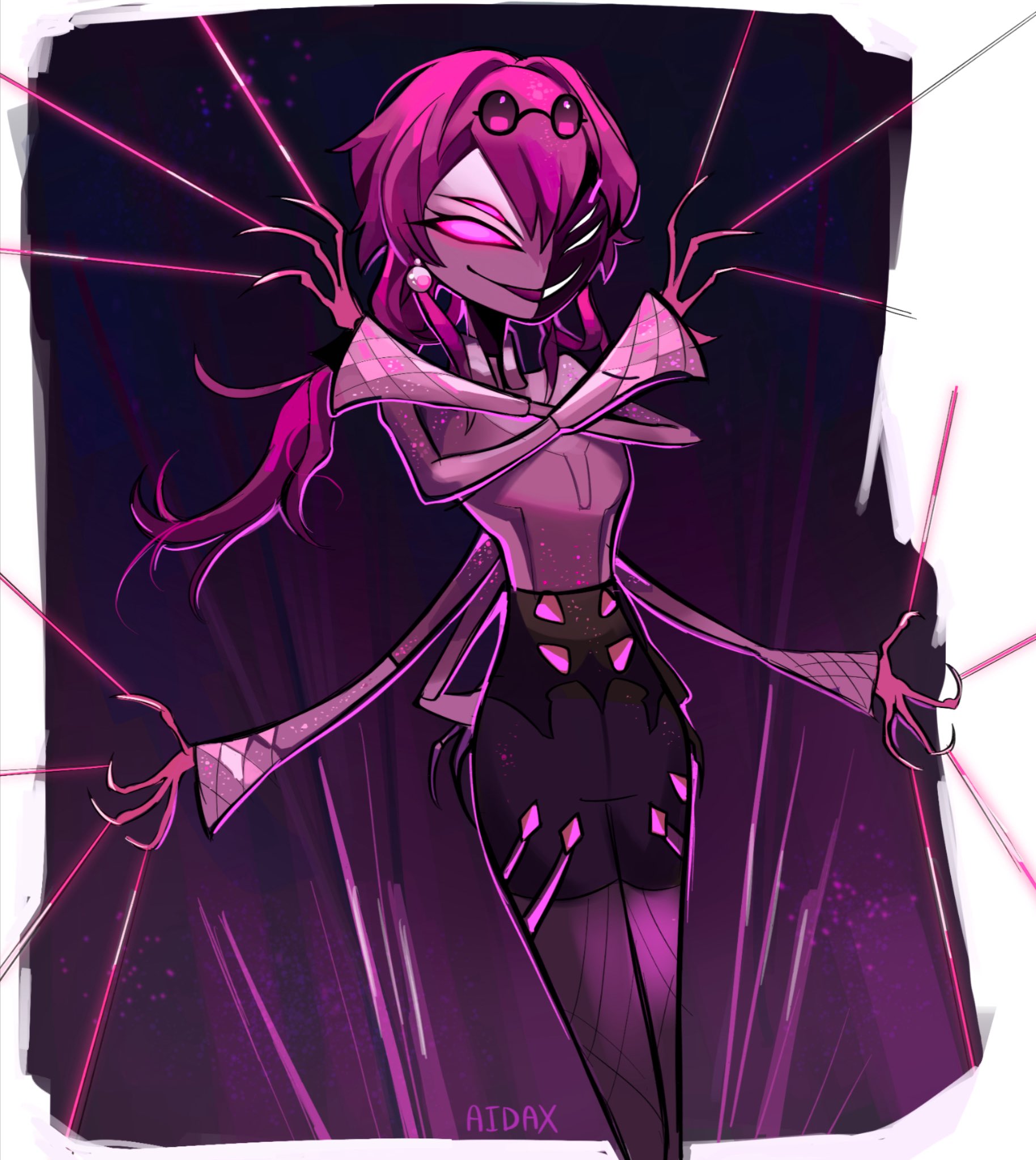 kafka (honkai: star rail), honkai: star rail, honkai (series), highres, 1girl, adxrnofficial, arthropod girl, arthropod limbs, cropped legs, earrings, extra arms, extra eyes, eyewear on head, glowing, glowing eyes, hair between eyes, insect girl, jewelry, long hair, long sleeves, monster girl, pantyhose, purple claws, purple eyes, purple hair, round eyewear, shirt, silk, smile, solo, spider girl, spider web, standing, sunglasses